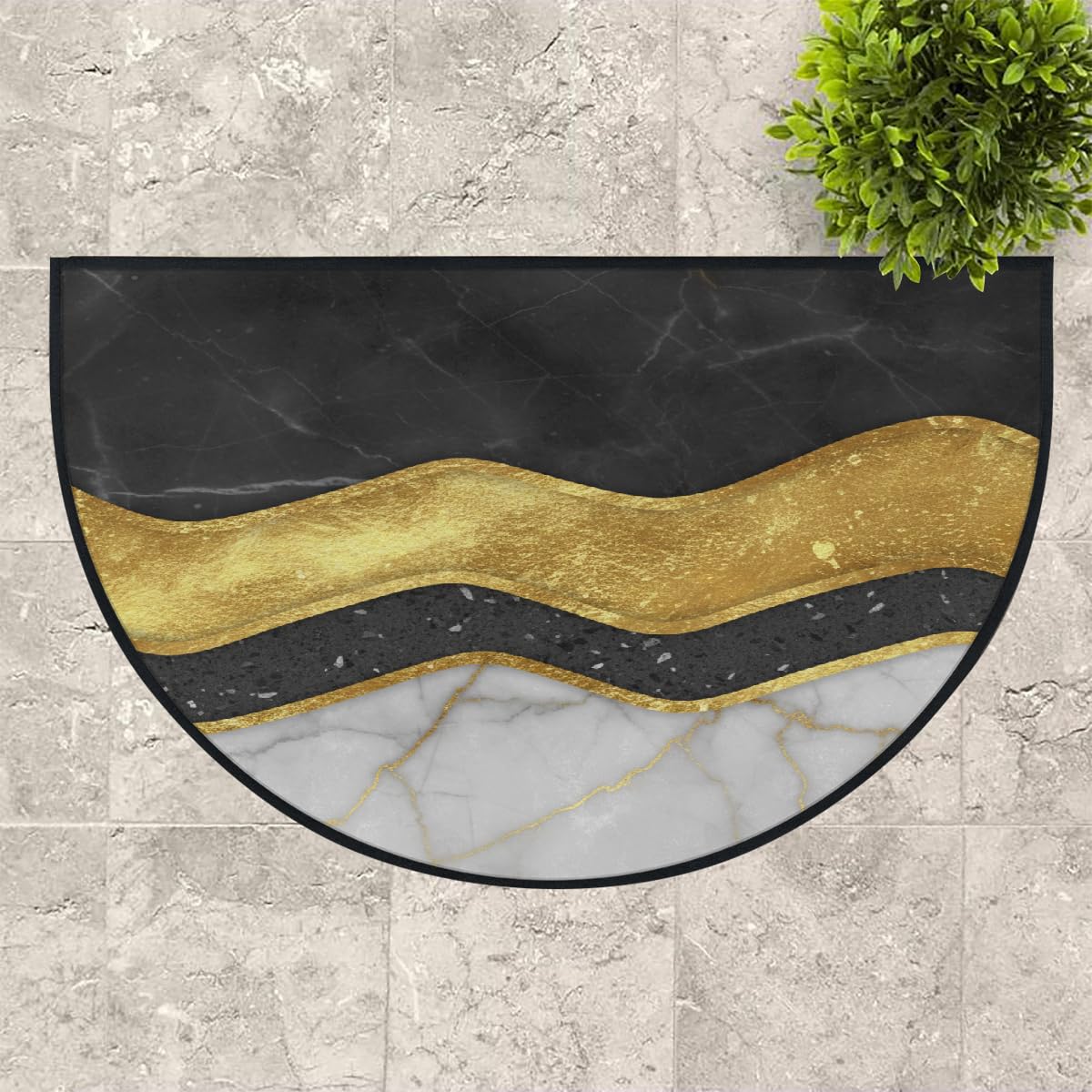 Große halbrunde Fußmatte, schwarz-weißer Marmor, rutschfest, weich, saugfähig, halbrund, Eingangsbereich, Teppich, niedlich, halbrund, waschbar, Teppich für Küche, Badezimmer, Schlafzimmer