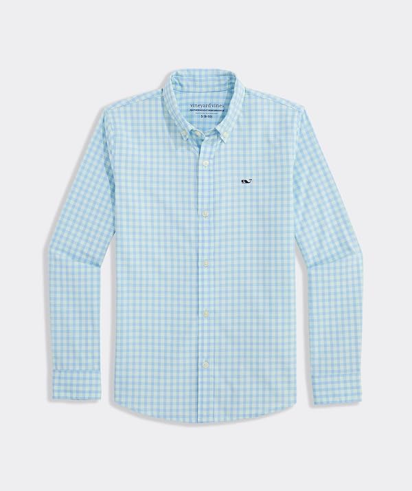 vineyard vines Boys' Lemon Shark Gingham Featherweight Performance Shirt, Aqua Glass, XL by vineyard vines - Image 2