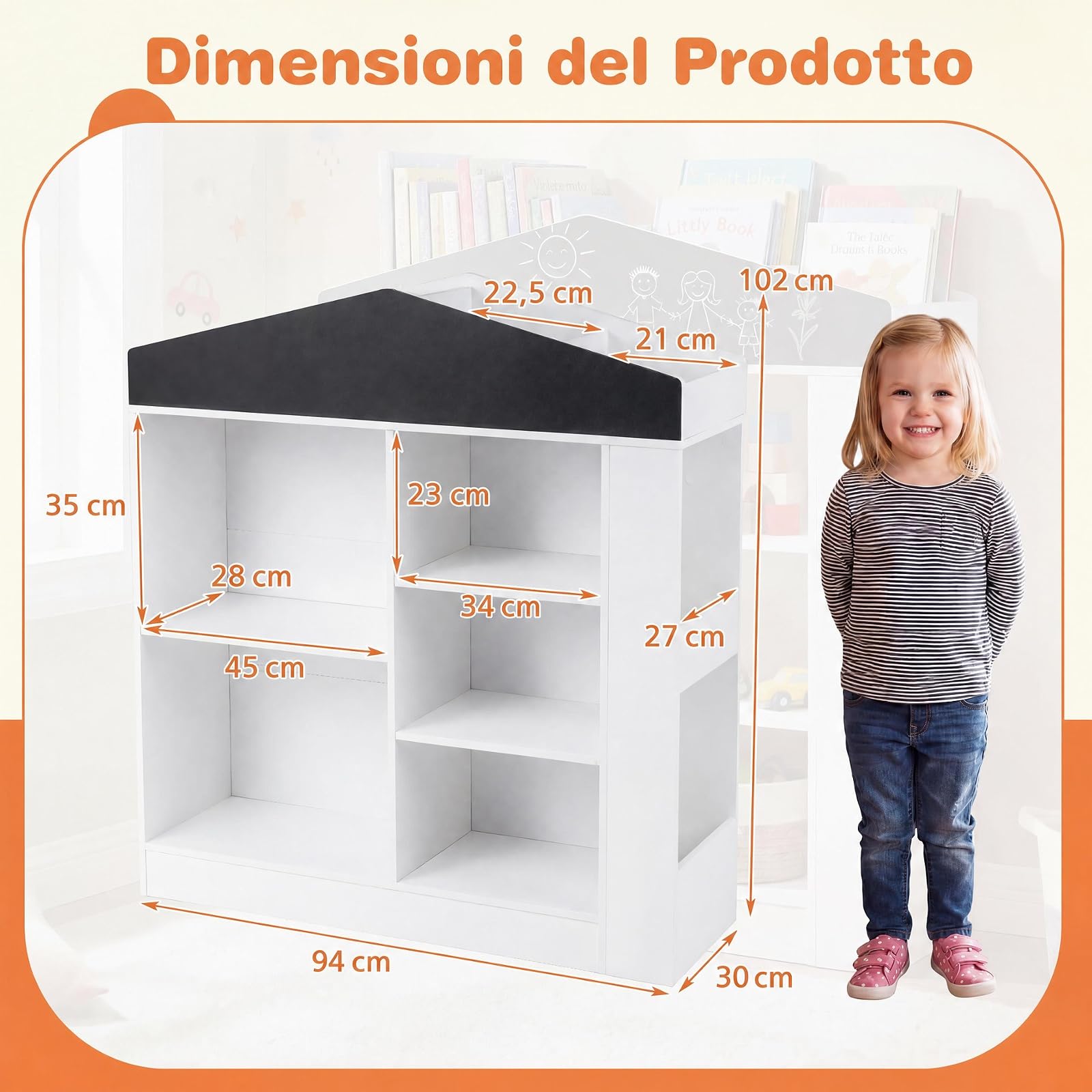 RELAX4LIFE Libreria Montessoriana per Bambini, Scaffale Portaoggetti con Scomparti e Lavagna, Libreria a Forma di Casa per Cameretta, Sala Giochi e Asilo Nido