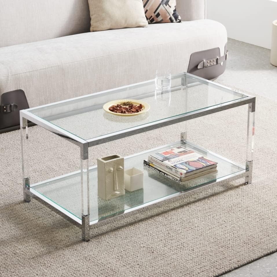 AGV LIGHTING Mesa auxiliar BLEVIO 202205, mesa de centro de vidrio de doble capa para espacio vital, parte superior de vidrio ondulado transparente,