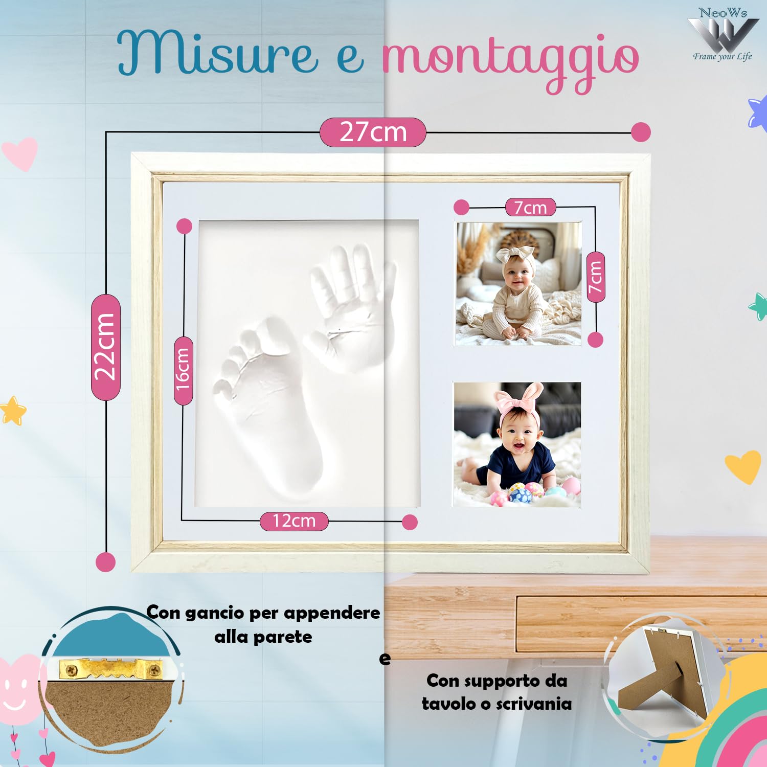 Kit Impronte Mani E Piedi Neonato - Cornice In Legno Con Argilla Per Ricordi - Regalo Baby Shower Unisex - Foto 6