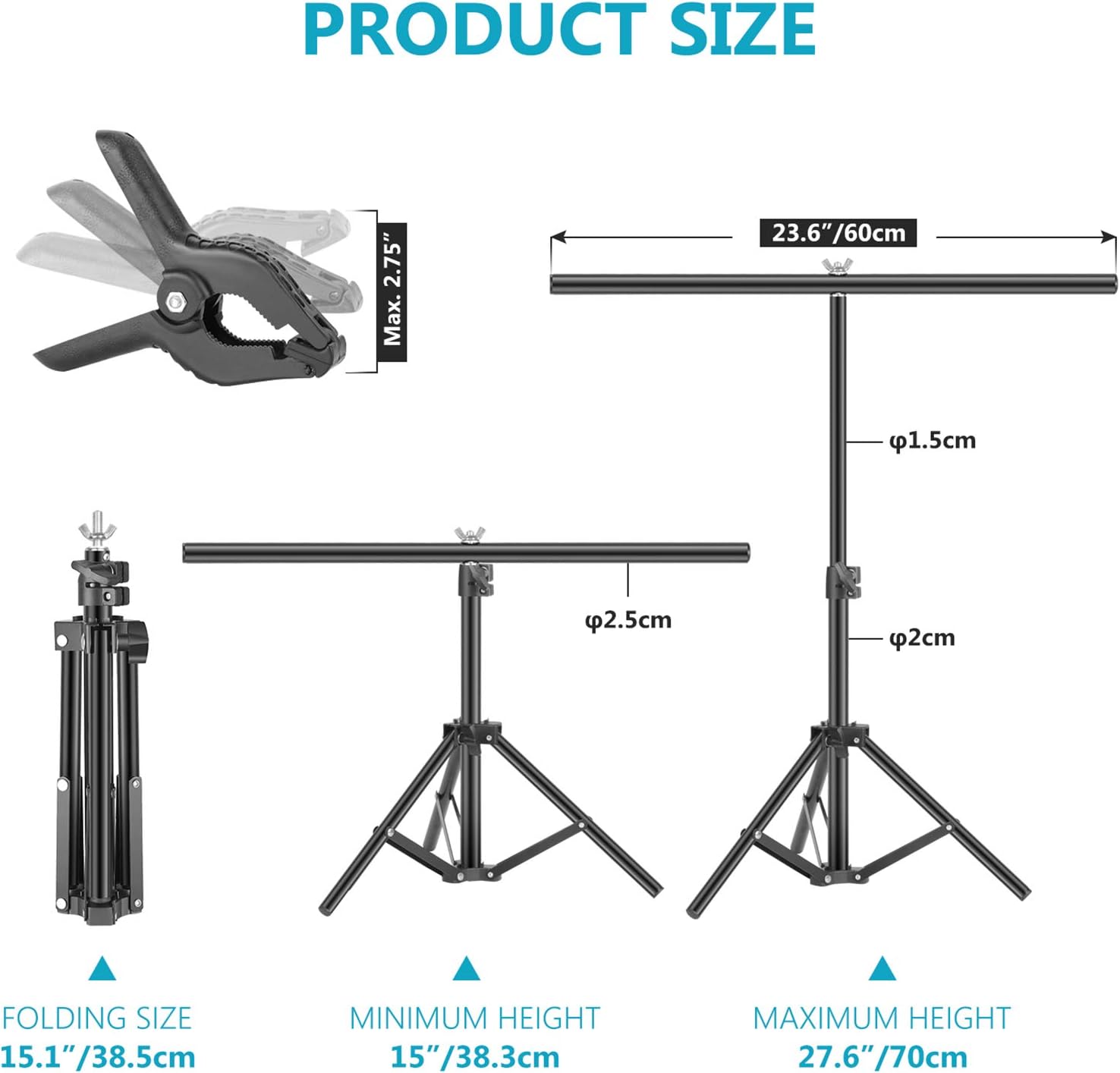 Neewer 60x70cm T-Shape Backdrop Support Stand: 15-27.6 inches Height Adjustable Tripod Stand and 24 inches Width Crossbar with 2 Packs Heavy Duty Background Clamps for Photo Studio or Video Photograph
