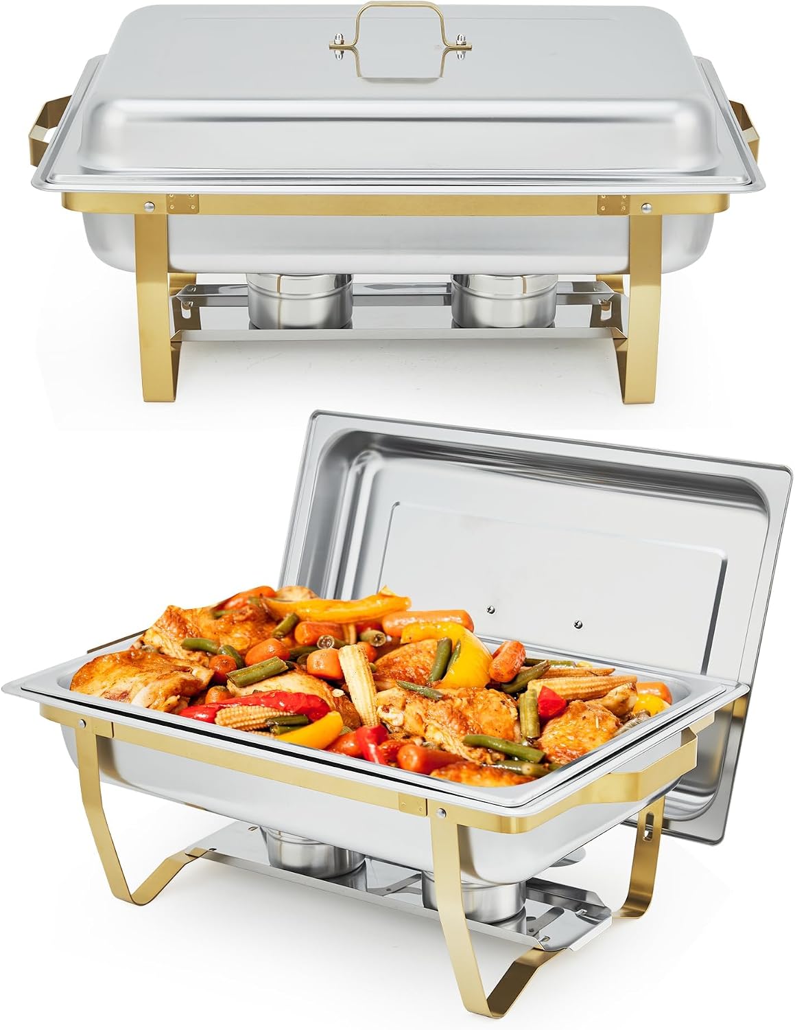 2 Pack 8 Quart Gold Mirror Polished Stainless Steel Chafing Dish Buffet Set with Lid, Foldable Frame and Heat Resistant Handles for Catering, Wedding & Party Use