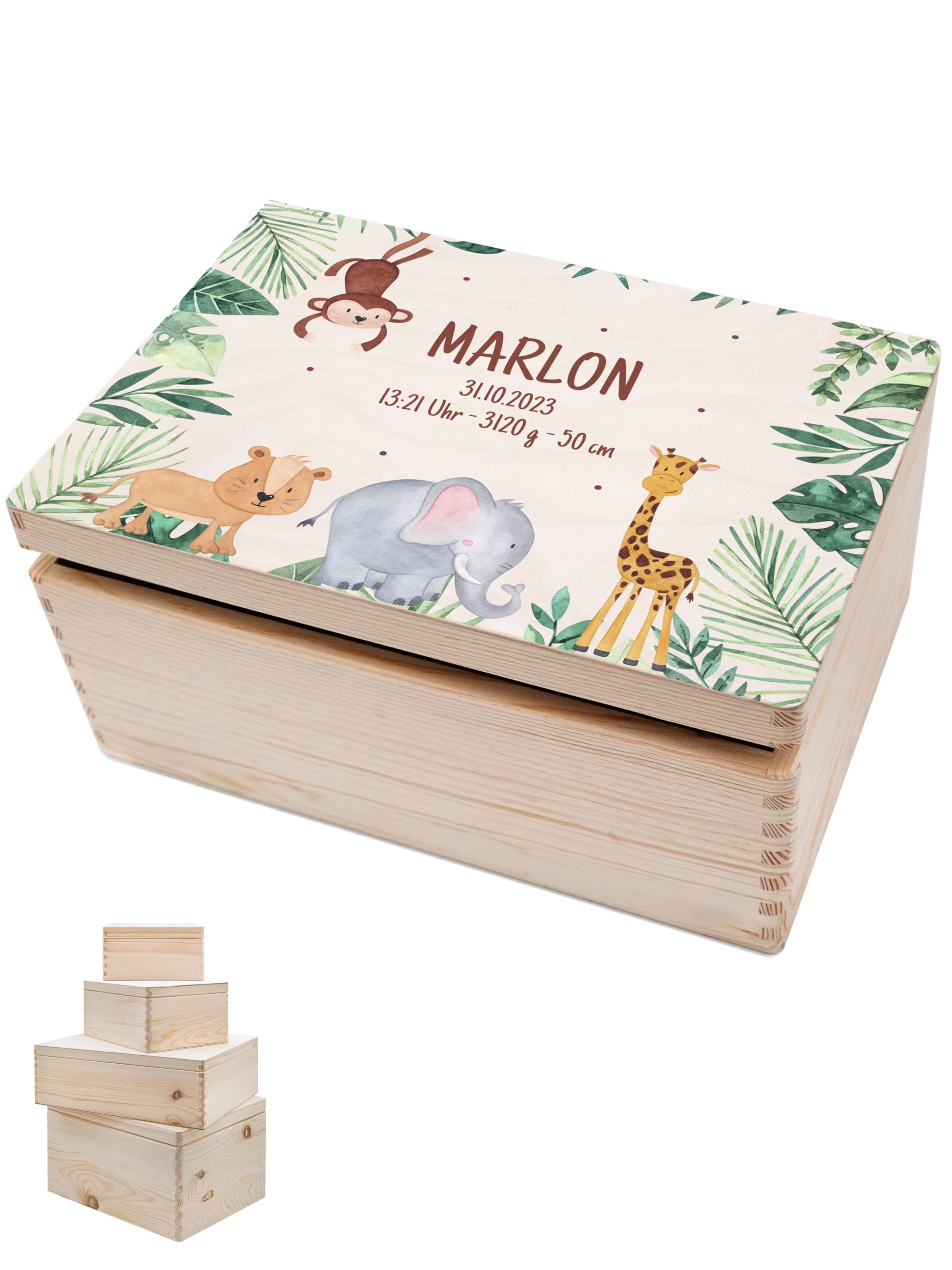wunderwunsch - Personalisierte Erinnerungsbox Baby mit Hochwertigem Druck - Individuelle Erinnerungsbox - Niedliche Erinnerungskiste aus Holz - Geschenk zur Geburt (Tiere Dschungel, M-Klappdeckel)