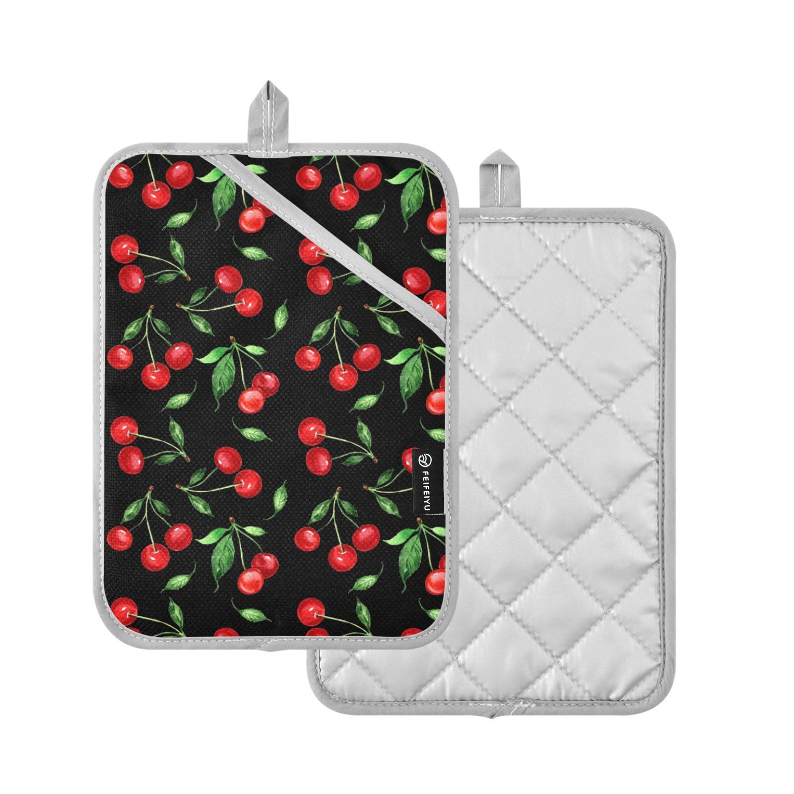 Krafig Cherry Pattern Pot Holder Set of 2, Kitchen Heat Resistant Potholder for BBQ Cooking Baking Microwave, Oven Hot Pads for Women Men