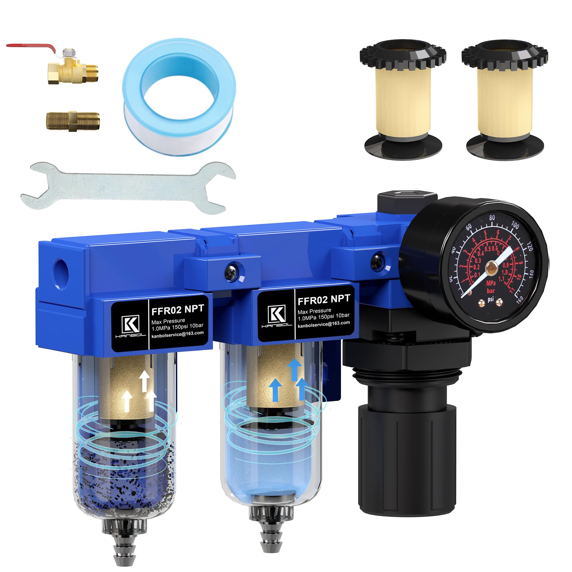 KANBOL 1/4''NPT Double Stage Filter and Regulator with Pressure Gauge, for air Drying System with 5 and 5 Micron Brass Filter Cartridge air Compressor