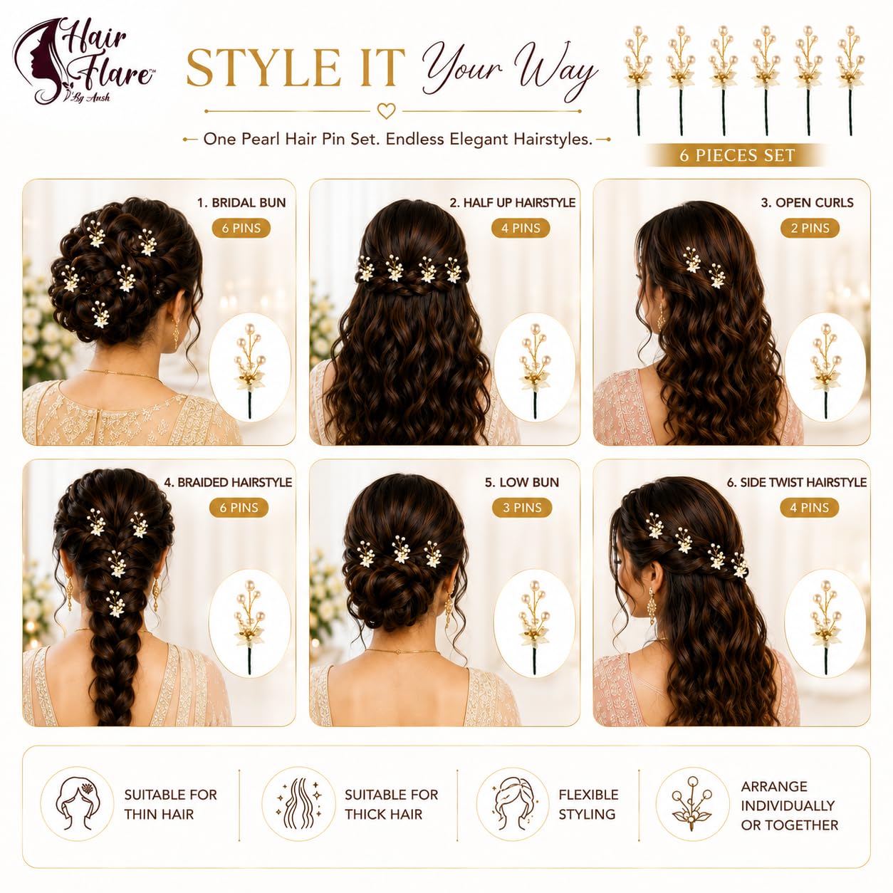 Hair Flare 2207 Pearl Artificial Bridal Wedding/hair flower accessories For Women's/gajra/Juda Pin/Juda Bun/Hair Clip/artificial flowers For hair / - Pack Of 6, White And Golden 1