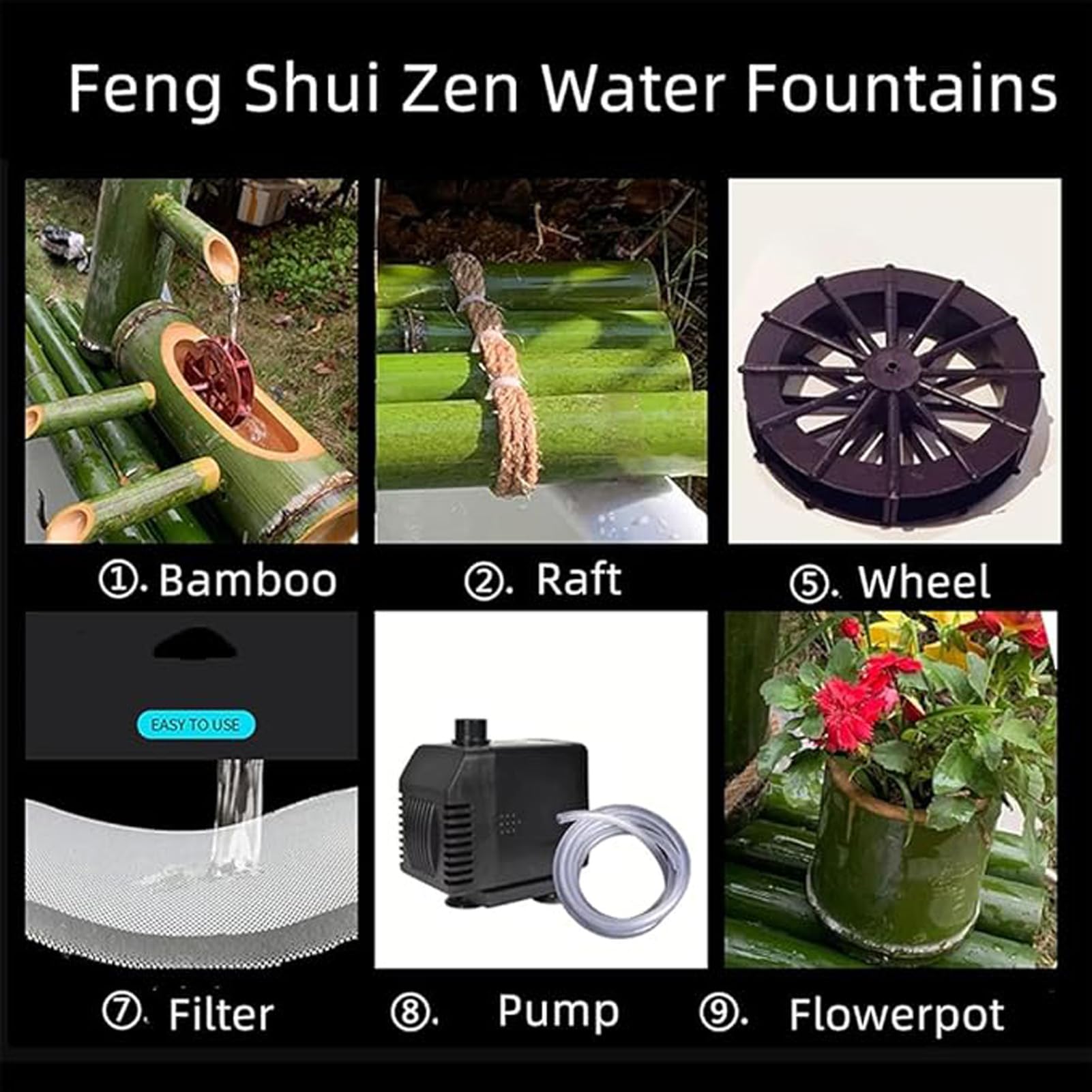 Kit de Fontaine en Bambou Faite Main, Fontaine Zen avec Roue à Eau, décoration d'eau en Circuit fermé pour Bassin de Jardin, terrasse, Cour, Vasque paysagère, 79 cm x 79 cm