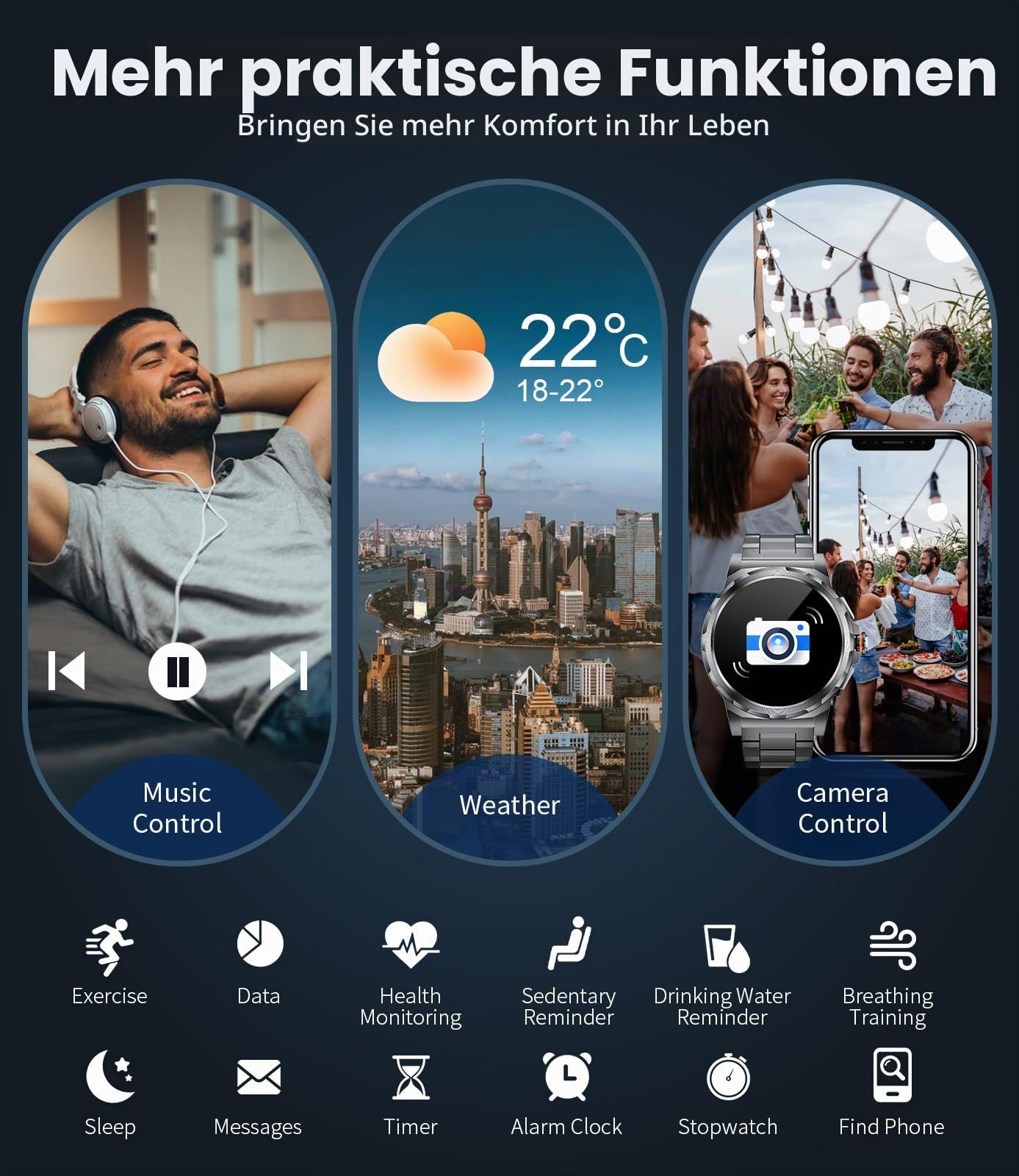 Militär Smartwatch Herren, 1,43-Zoll-AMOLED-Smartwatch mit Bluetooth-Anruf, 3 Armbänders, IP68 Wasserdicht/Herzfrequenz/Schlafmonitor, 120+ Sportmodi Outdoor Sportuhrfür Android iOS, Schwarz