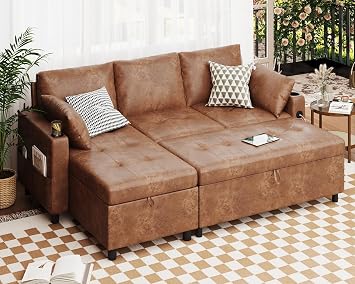 Leather Sleeper Sofa Couch with Pullout Bed Couch with Storage, Brown | Pull Out Couch with Storage, Reversible Chaise, USB Charging, Cup Holders, Sectional Couches for Apartment Living Room