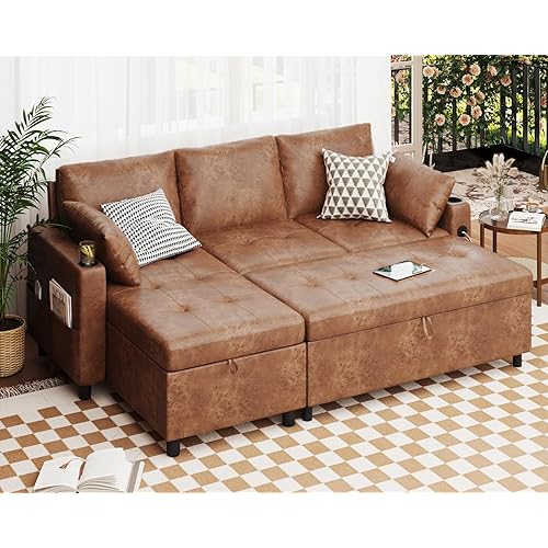 Leather Sleeper Sofa Couch with Pullout Bed, 80'' Sofa Bed Pull Out Couch with Reversible Storage Chaise, Sectional Couches with USB Charging Ports&Cup Holders for Living Room, Brown