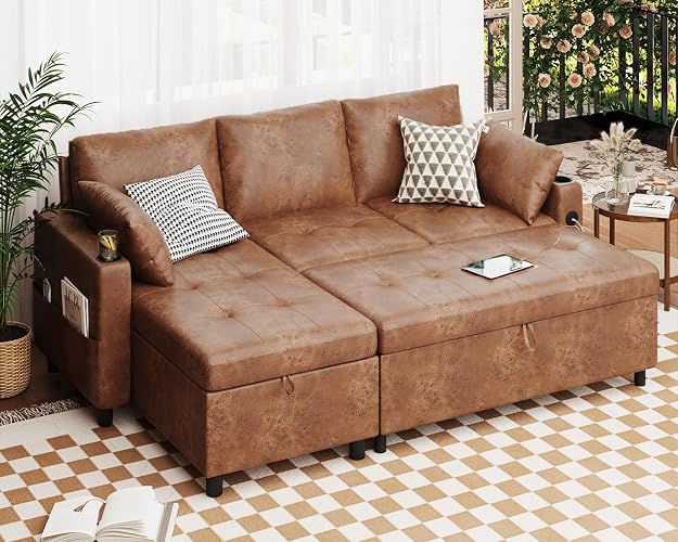 JFHID Leather Sleeper Sofa Couch with Pullout Bed, 83.5'' Sofa Bed Pull Out Couch with Reversible Storage Chaise, Sectional Couches with USB Charging Ports&Cup Holders for Living Room, Brown - Brown