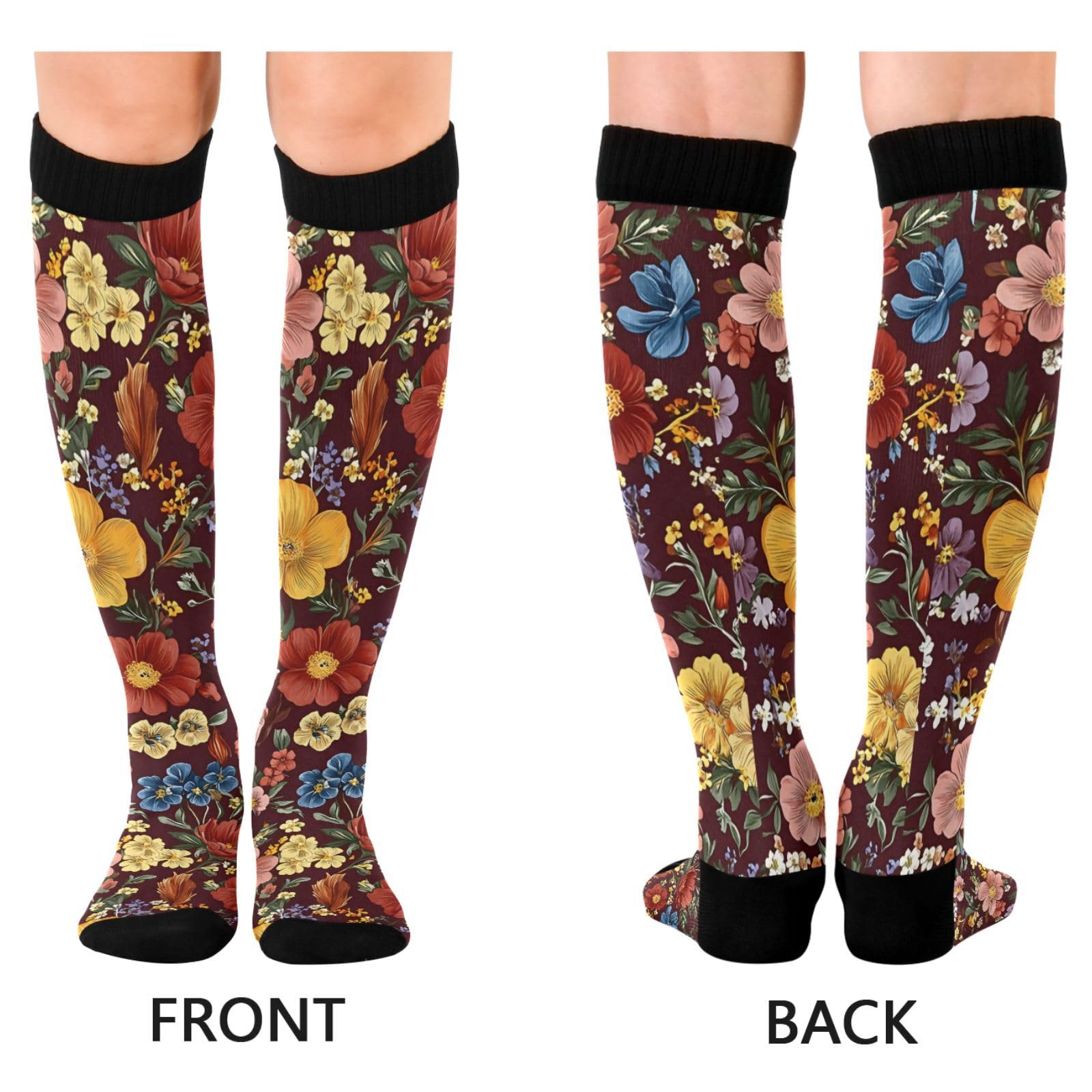 BOESI Doodle Colorful Flowers Compression Socks, Women's and Men's Knee High Running Socks for Sports