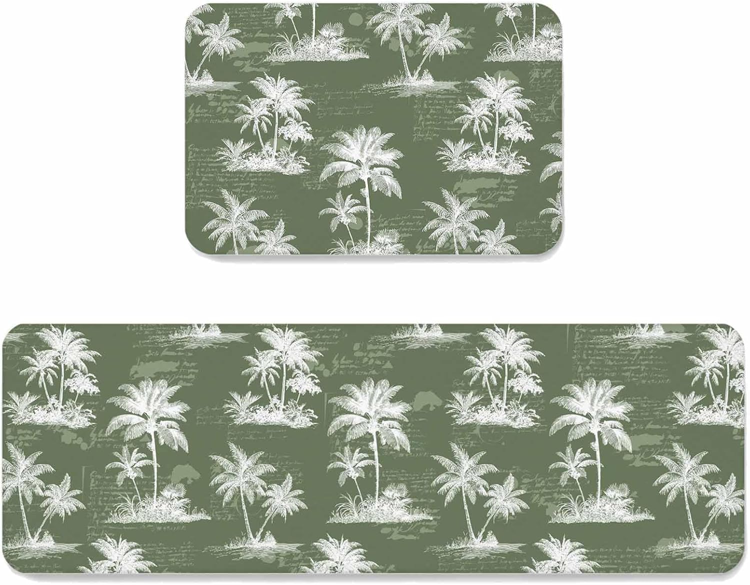 Prime Leader Green Retro Tropical Kitchen Mat Set 2 Pieces Palm Trees Old Newspapers Summer Plant Non Slip Kitchen Rugs Washable Runner Rug Mats for Sink Laundry (23.6" x 35.4"+23.6" x 70.9")