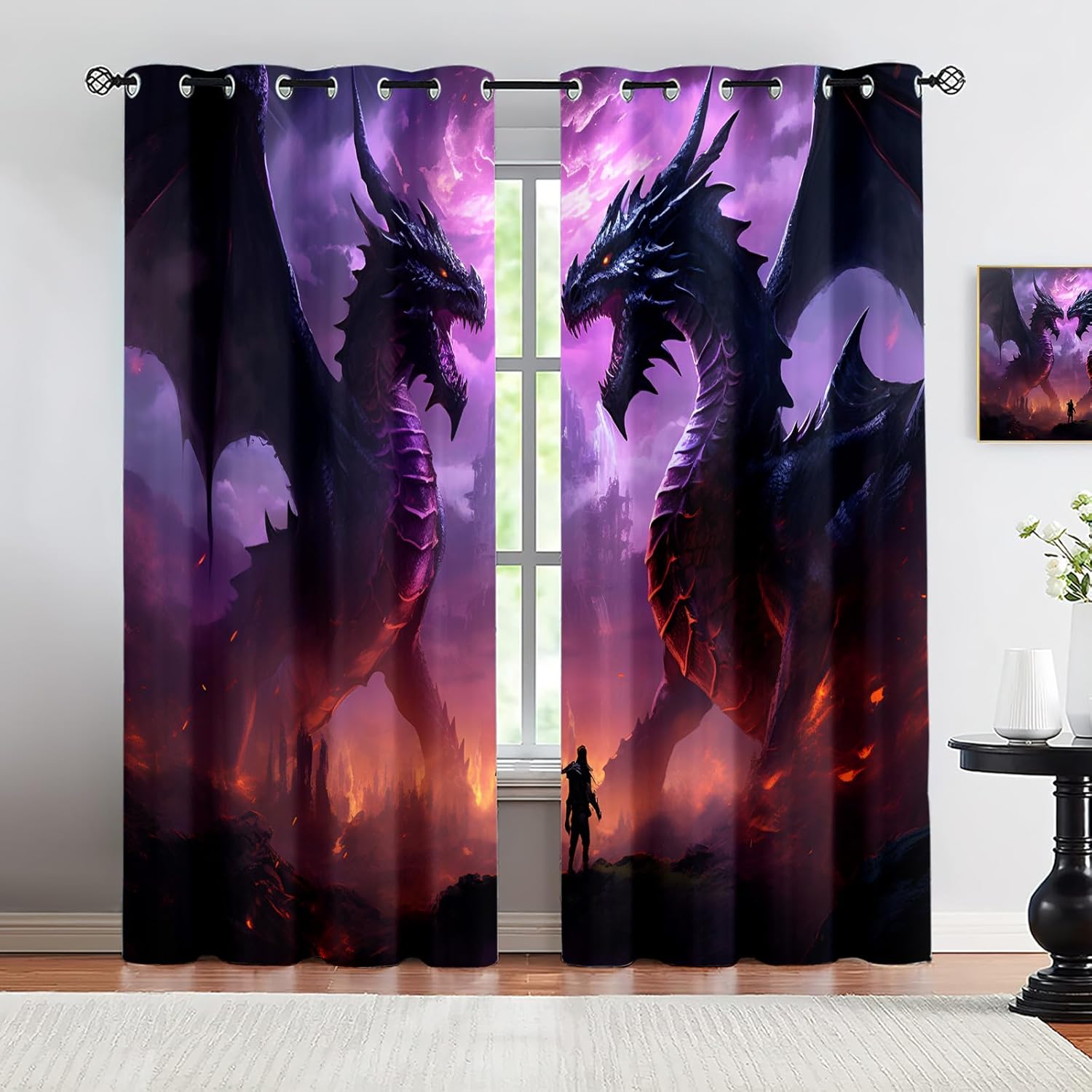 Purple Dragon Blackout Curtains for Bedroom Living Room, Dragon Decor Curtains & Home Decor, Animal Pattern Window Treatments, Thermal Grommet Kids Adults Men Drapes, 63" Curtains 2 Panel Set