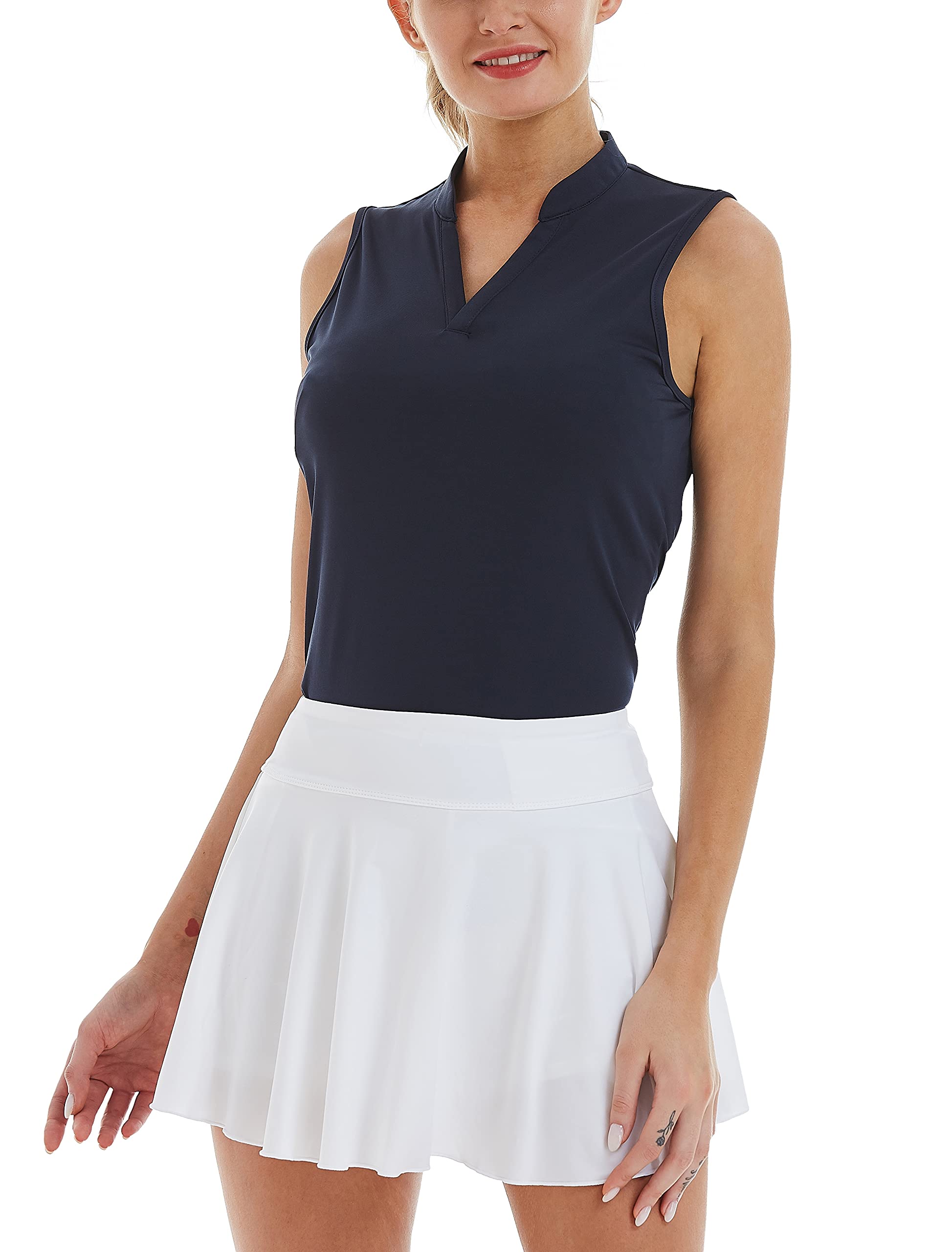 CQC Women's Golf Tennis Sleeveless Polo Shirts V-Neck Quick Dry UPF 50+ Sport Athletic Tank Tops Moisture Wicking Casual Navy M