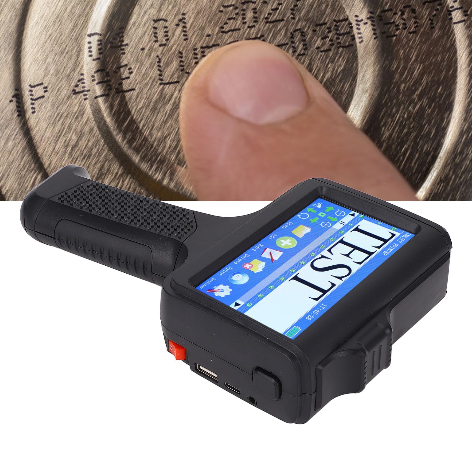 Handheld Inkjet Drukarka, przenośna bezprzewodowa Wysoka wydajność Bluetooth 4,3 -calowa ekran dotykowy Obsługuje drukowanie wielu języków na drewnianym plastikowym tkaninie czarny