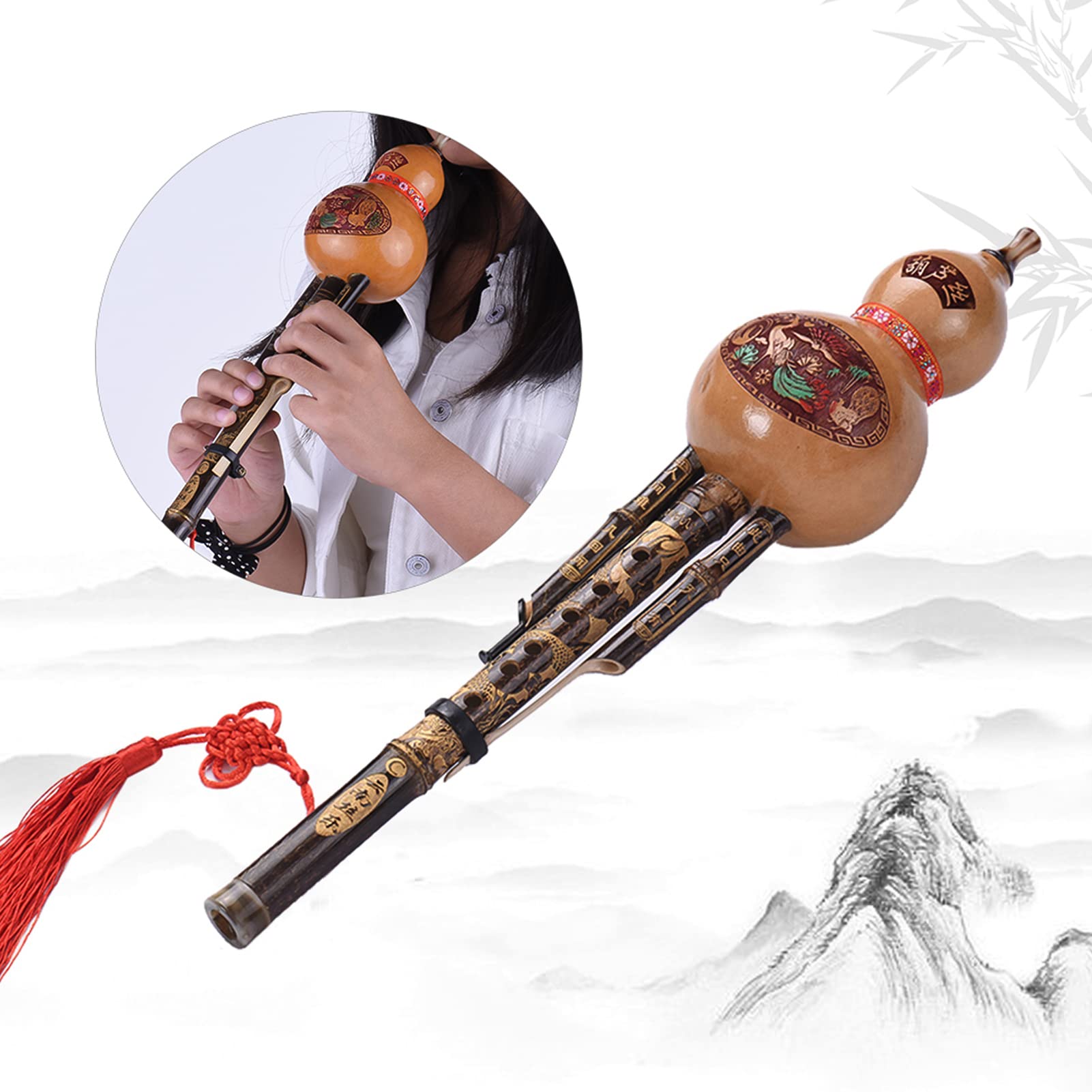 Flûte Chinoise Faite à la Main à la Main Noire Hulusi C clé avec étui et Nœud Chinois pour les Débutants et les Mélomanes