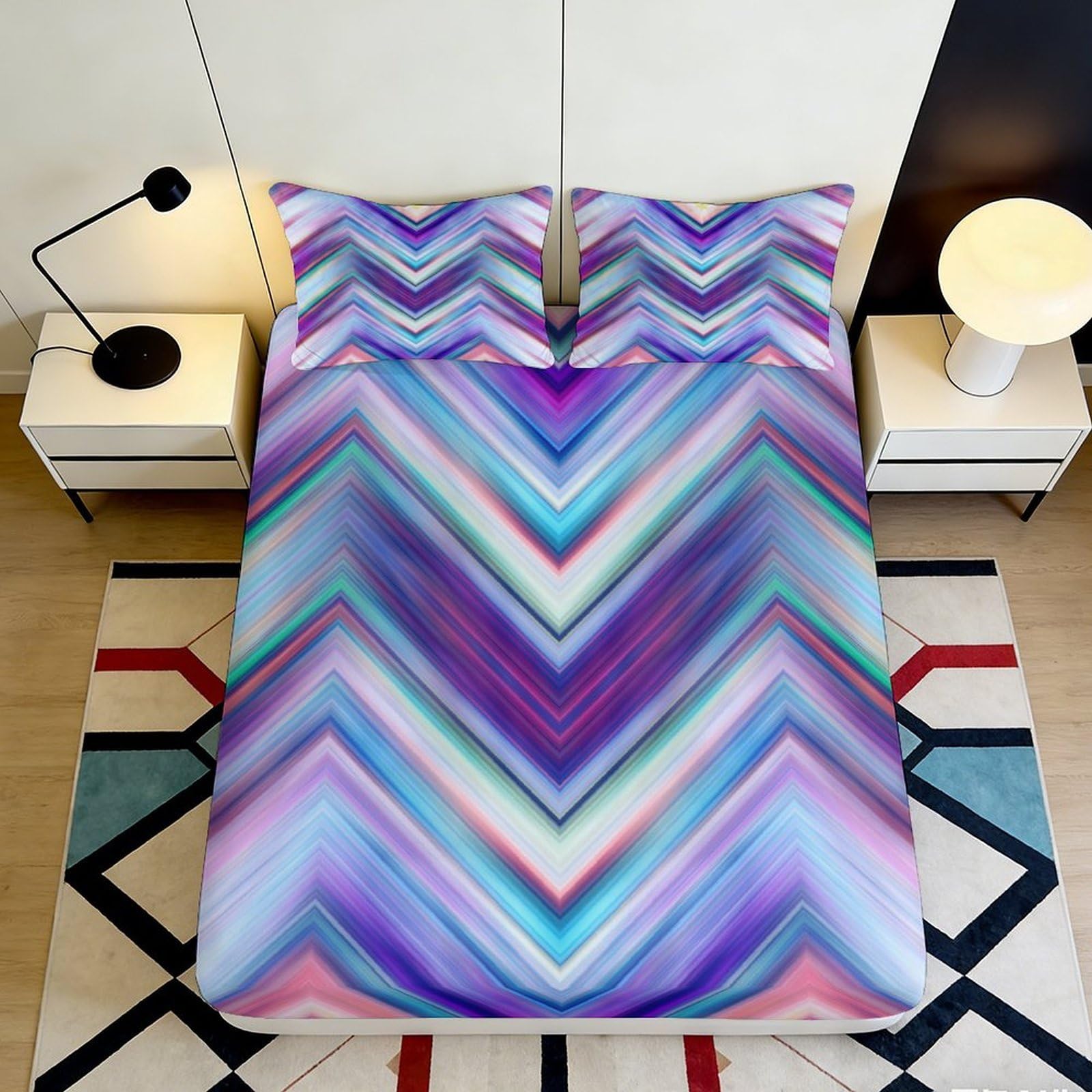 3D Printed Chevron Zigzag Fitted Sheet Microfiber Soft Bedroom Decor Colorful Gradient Mattress Cover for Home Dorm 90x200x25cm