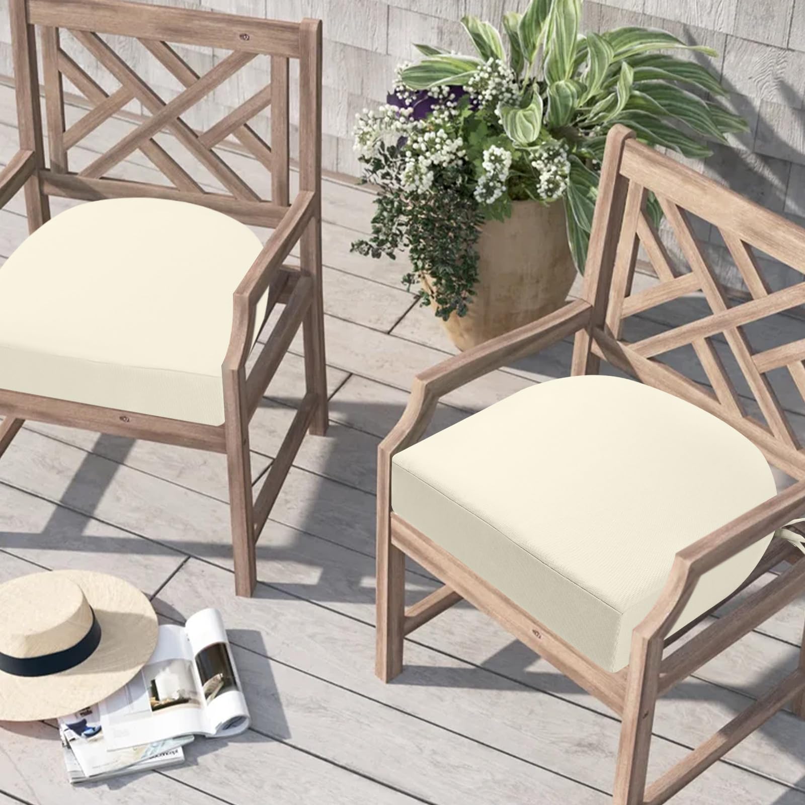 Juego de 2 cojines para sillas de jardín de exterior de 7 cm de grosor, impermeables, con lazos, para muebles de exterior, almohadillas para sillas de comedor en forma de U, 50 x 50 cm