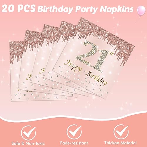 Miniatura 5 de 62 piezas de decoraciones de cumpleaños número 21 para niñas y ella, suministros de fiesta de cumpleaños de oro rosa incluyen 40 platos, 20