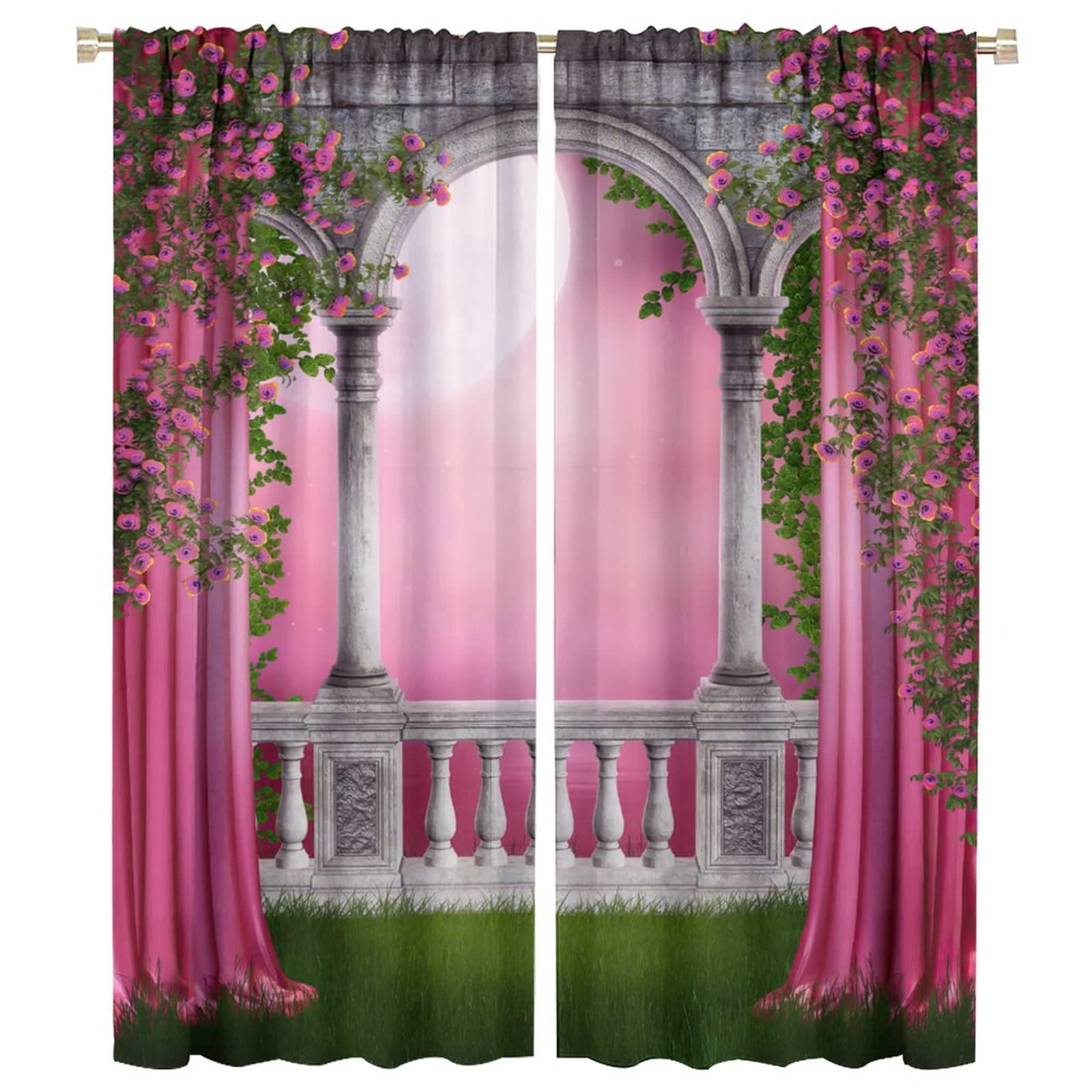 Pink Gothic Blackout Curtains,Vintage Romantic Roses Medieval Castle Theme Rod Pocket Window Drapes for Living Room Bedroom Dining Room Decor W42xL54in