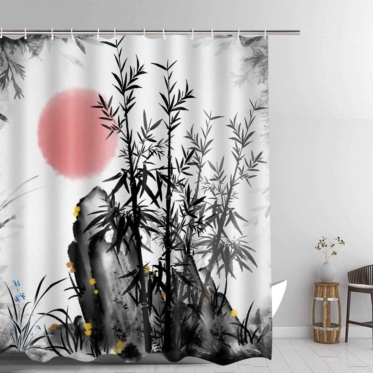 GURETER Japanese Bamboo Shower Curtain, Asian Ink Painting