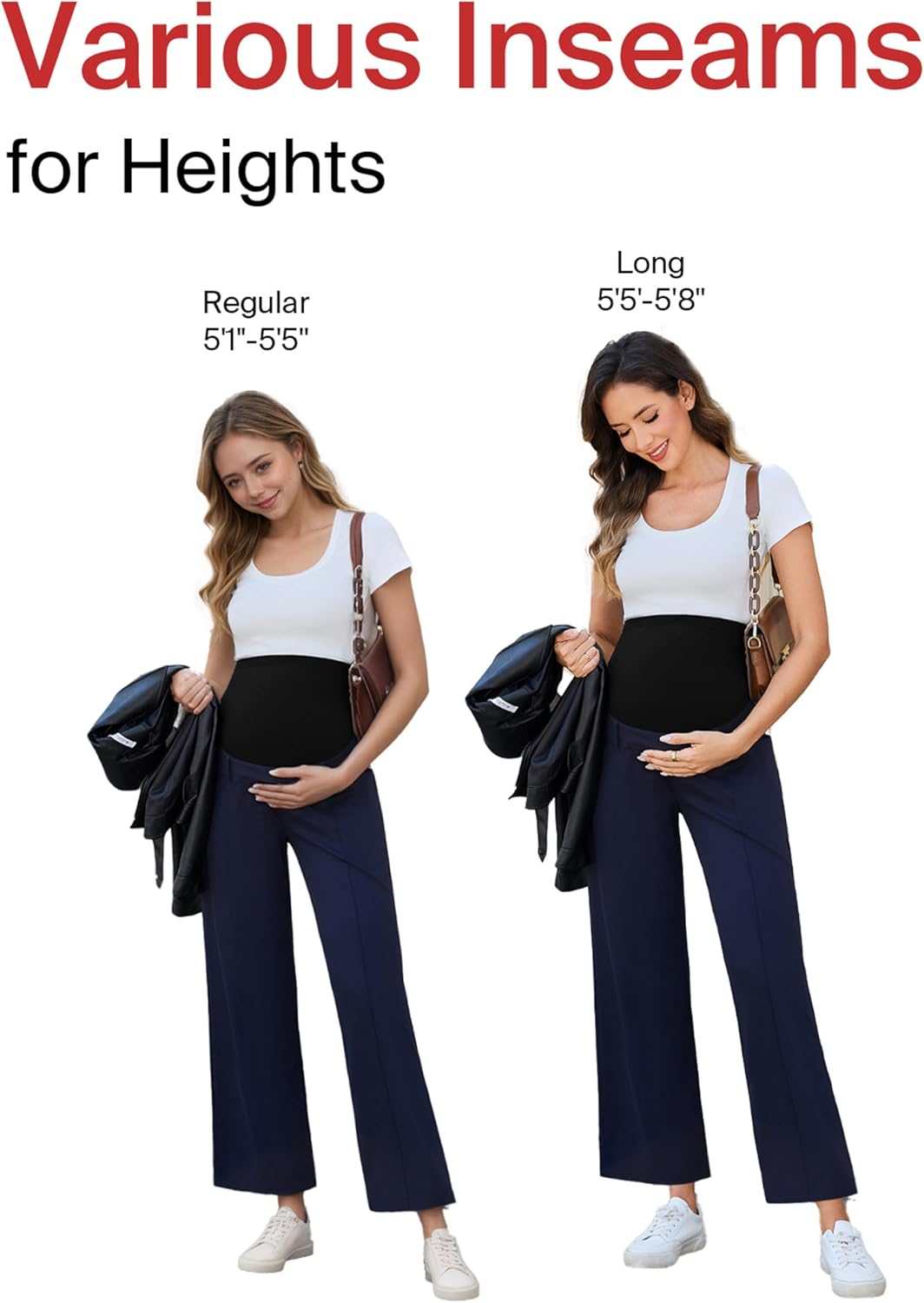 Ecavus Women's Maternity Pants Over Belly Seamless Stretchy Work Pants Dual Length Maternity Wide Leg Pants with Pockets Navy - Image 5