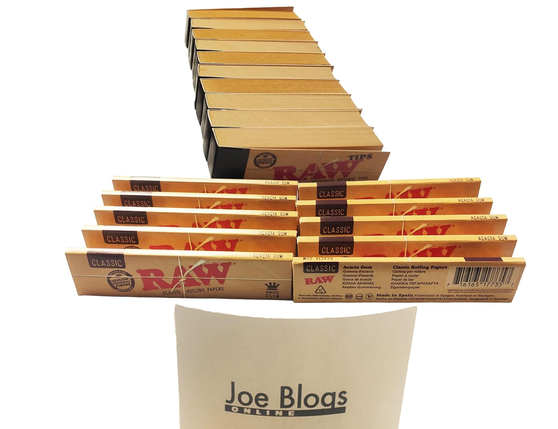 Original RAW 10 Packs Classic King Size Papers with 10 Booklets RAW Classic Rolling Tips and Joe Blogs Online Label
