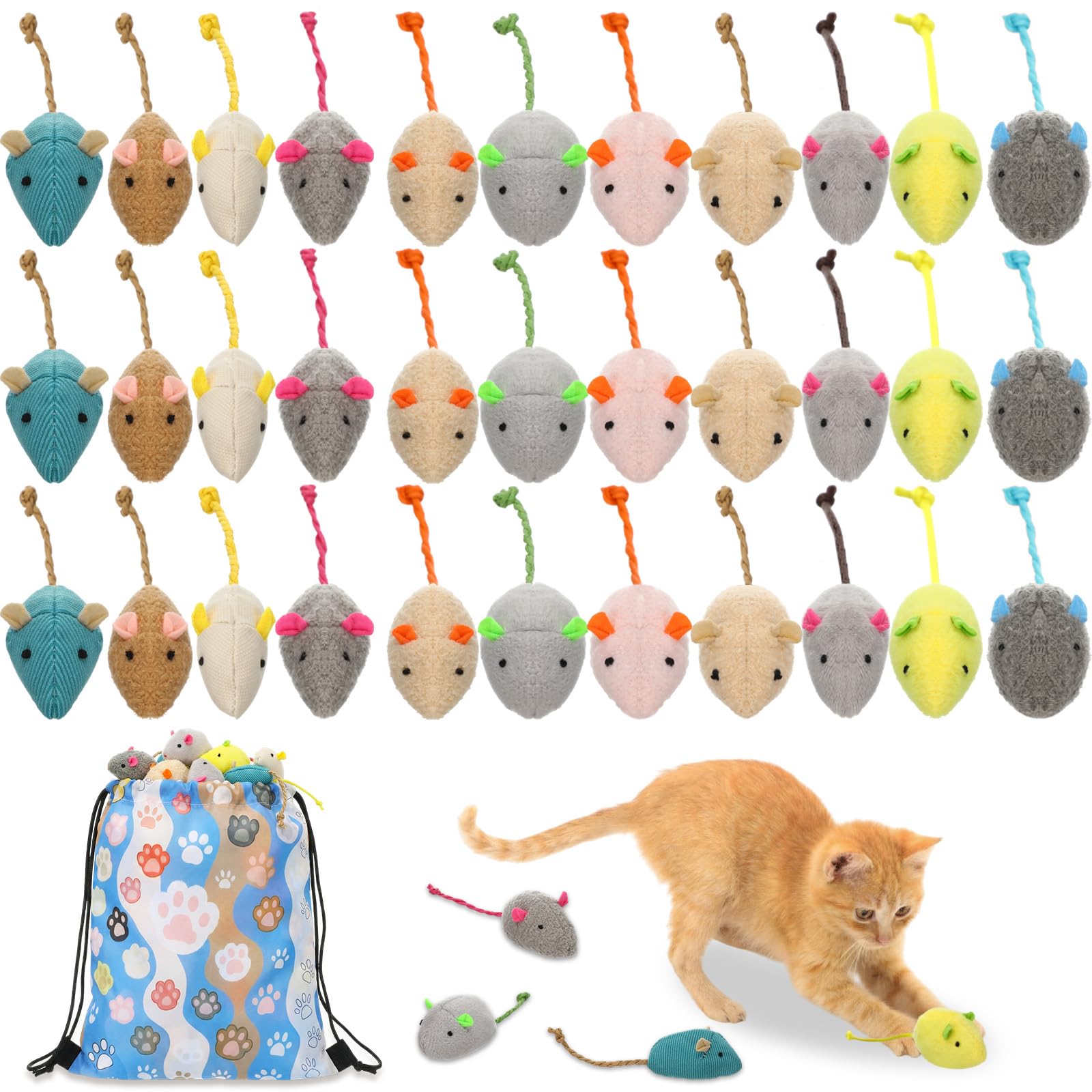 Leitee Paquete de 50 juguetes surtidos de ratones para gatos a granel con 1 bolsa de almacenamiento de regalo de pata de gato, ratón peludo, gatito, animales, juguete de limpieza de dientes, mini