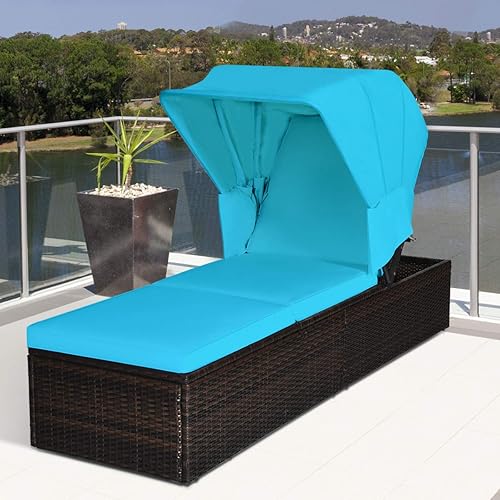 Miniatura 4 de HAPPYGRILL Salón de patio con toldo retráctil silla reclinable al aire libre con respaldo ajustable sofá cama de mimbre de ratán con mesa de café