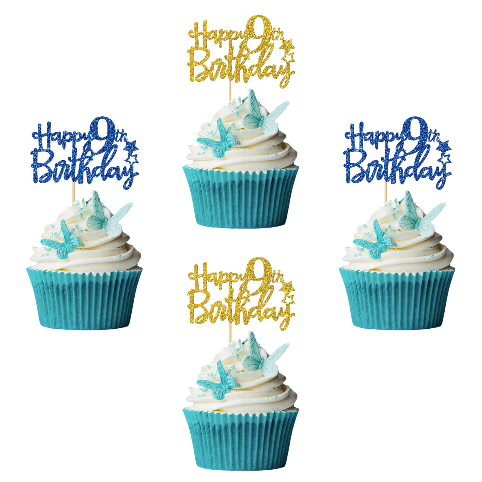 RoadSea Happy 9th Birthday Cupcake Toppers - Kid Girl Boy Nine Years Old Party Decorations - Blue & Gold Glitter Supplies - 24 PCS