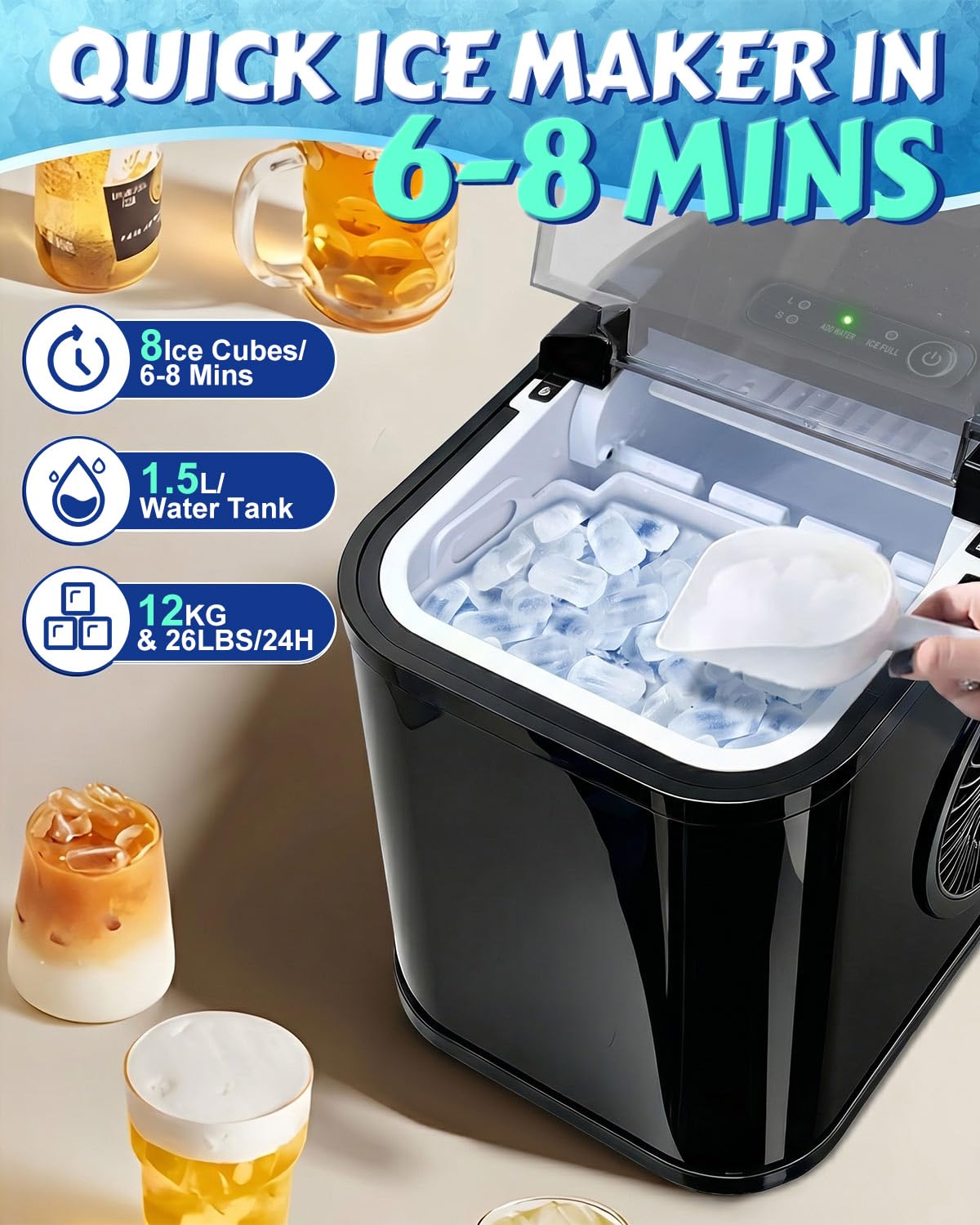 Máquina para hacer hielo, 8 cubitos de hielo en 6 minutos, 12 kg en 24 horas, 2 tamaños de hielo bala, autolimpieza, pequeña máquina de hielo portátil con mango y cuchara, para el hogar, cocina