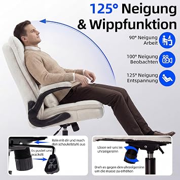 Ergonomic Office Chair [Test Winner] Desk Chair Teddy Fabric & High Backrest Height Adjustable & Rocker Function Executive Chair 150 kg Swivel Chair with Wheels PC Chair Cream White