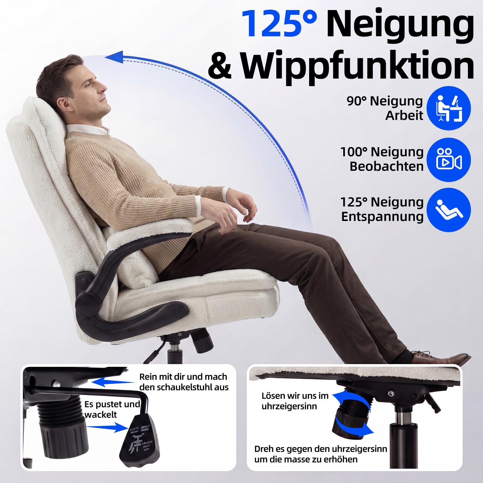 Bürostuhl Ergonomisch Schreibtischstuhl mit Hochklappbare Armlehne | Lordosenstütze, Bürostuhl 150kg, Hochklappbaren Armlehnen, Höhenverstellbarer, 90°-125° Wippfunktion, 360°, Teddy-Stoff