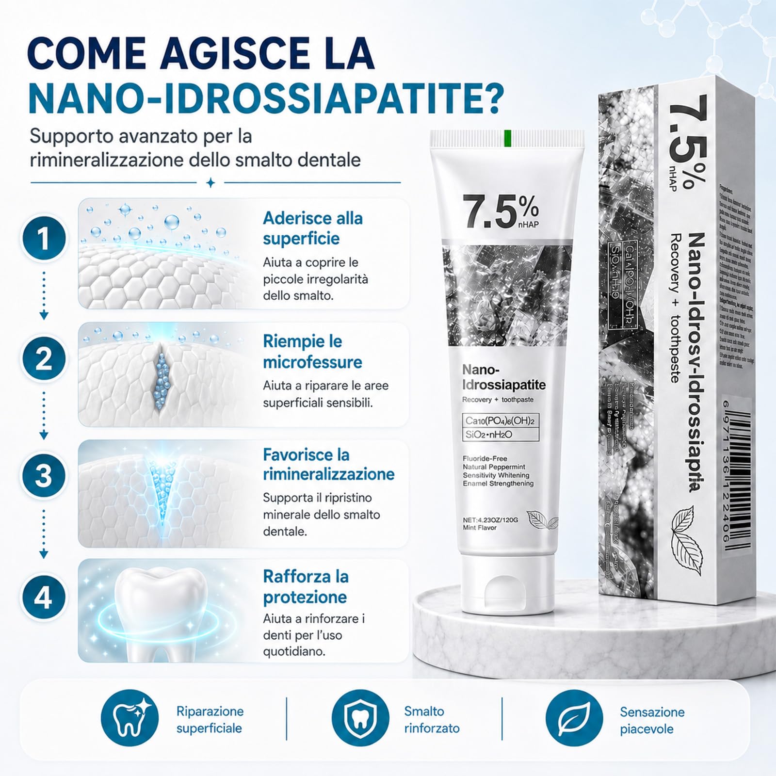 Holydeer Dentifricio Originale con 7,5% Nano-Idrossiapatite (3) | Formula senza fluoro al gusto di menta per una pulizia delicata e una piacevole freschezza quotidiana