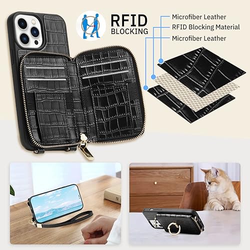 Miniatura 2 de CUSTYPE - Funda para iPhone 15 Pro con tarjetero para mujer, funda protectora de cuero con anillo (negro, iPhone 15 Pro, 6.1 pulgadas)