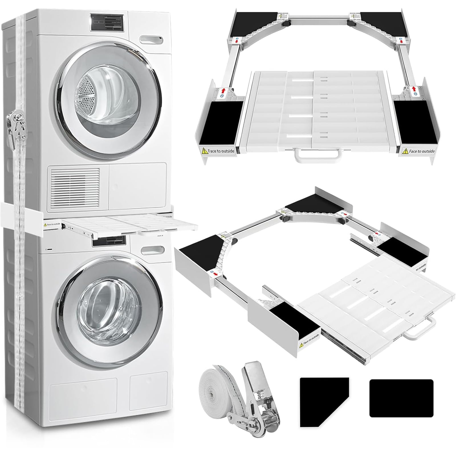Washer Dryer Stacking Kit, Universal Washer Dryer Stacking Kit with Pull-Out Sliding Plate, Adjustable 29"-21" Stacking Kit for Washer and Dryer with Ratchet Strap