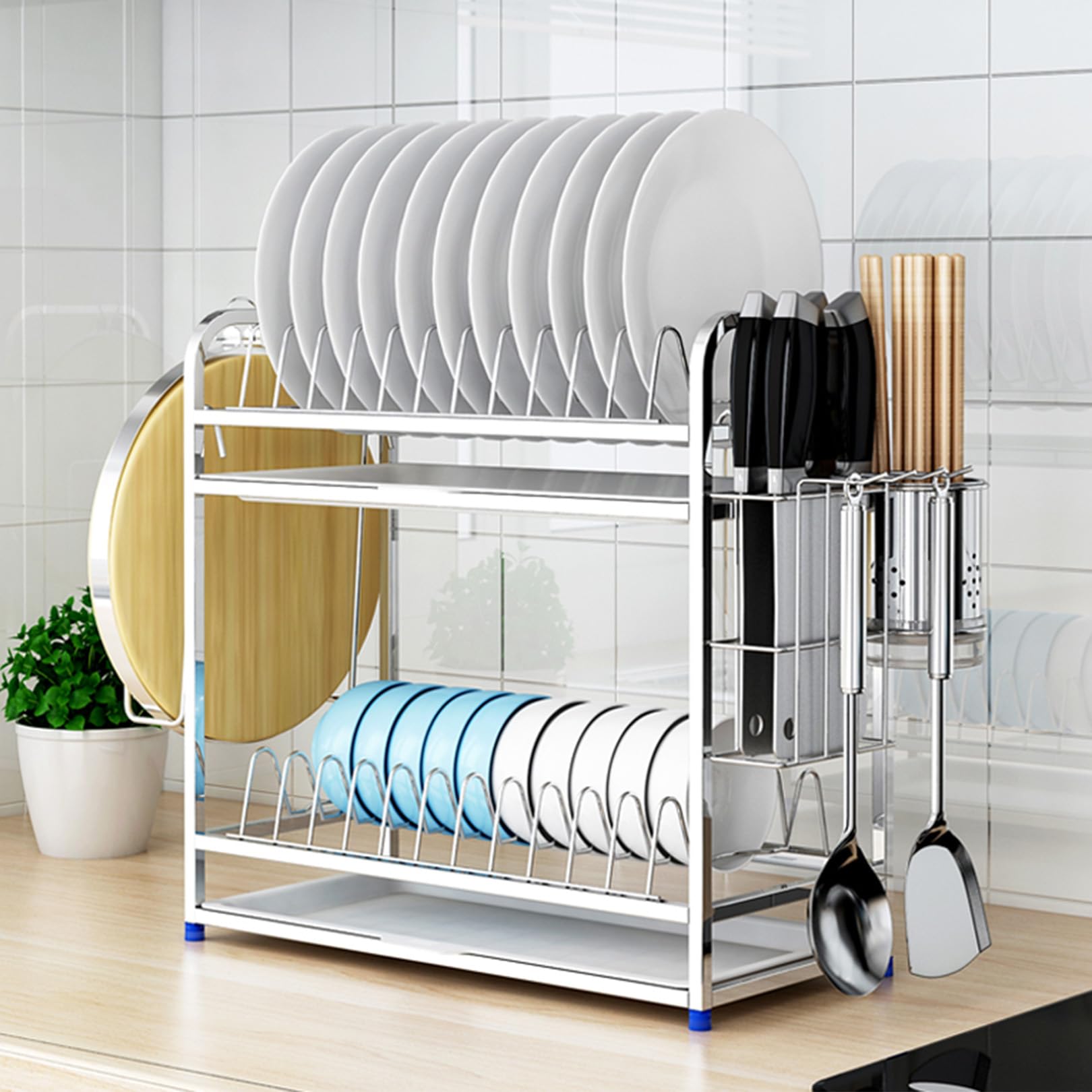 TYUHDUYUR Kitchen Dish Rack 2 Tier Dish Drainer Rack, Kitchen Dish Rack, Stainless Steel Cutlery Drainer with Hooks, Drain Plate and Cutting Board Rack, for Kitchen Countertops Kit