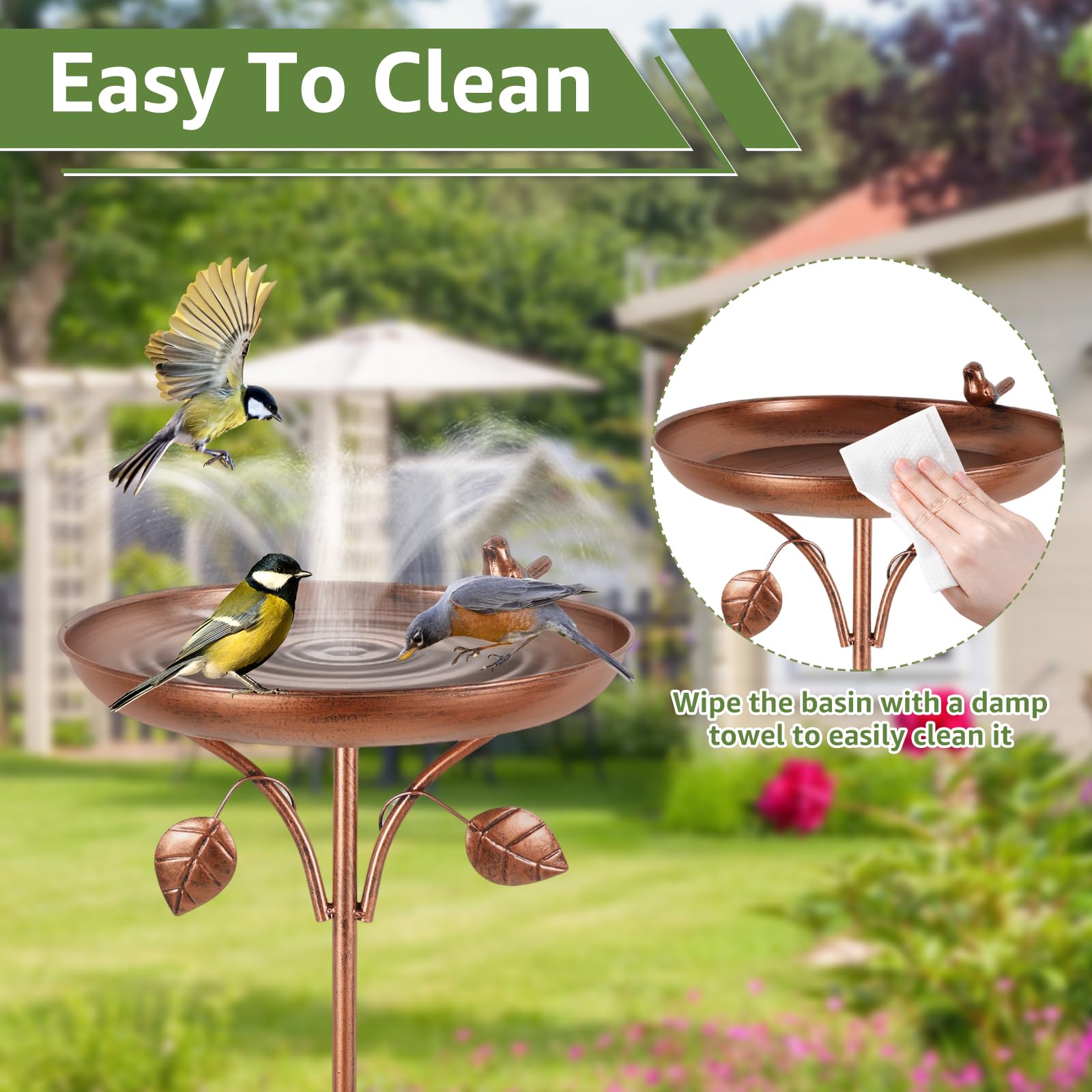 Bain d'oiseaux debout avec fontaine solaire pour extérieur, Φ 30 cm, vintage, en métal, ultra inoxydable, robuste, durable, vintage, résistant au gel, grand pour balcon, jardin