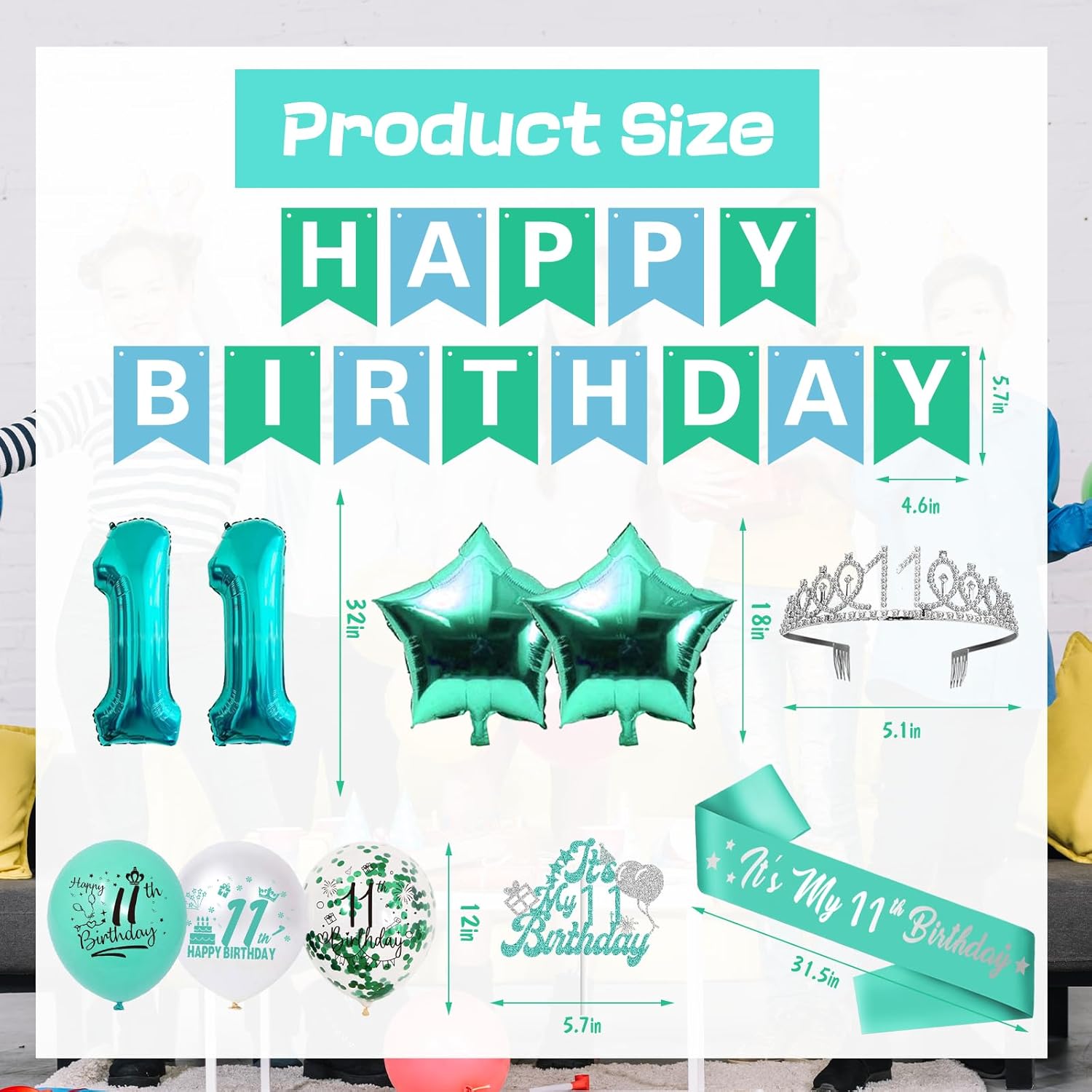 11th Birthday Decorations for Girls,Glitter It's My 11th Birthday Cake Topper & sash and Banner, Teal 11 birthday Balloons and Foil Balloons and Silver 11th Crown-Teal 11 Birthday Decorations - Image 3