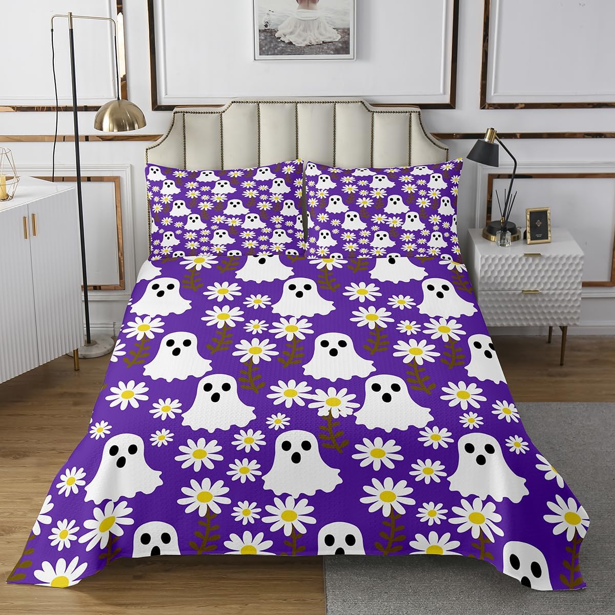Erosebridal Cute Ghost Bedspread Set, Funny Daisy Plant Leaf Flowers Coverlet Set Queen Purple Garden Botanica Aesthetic Quilted, Spooky Halloween Silhouette Decor, Kawaii Halloween Decorations