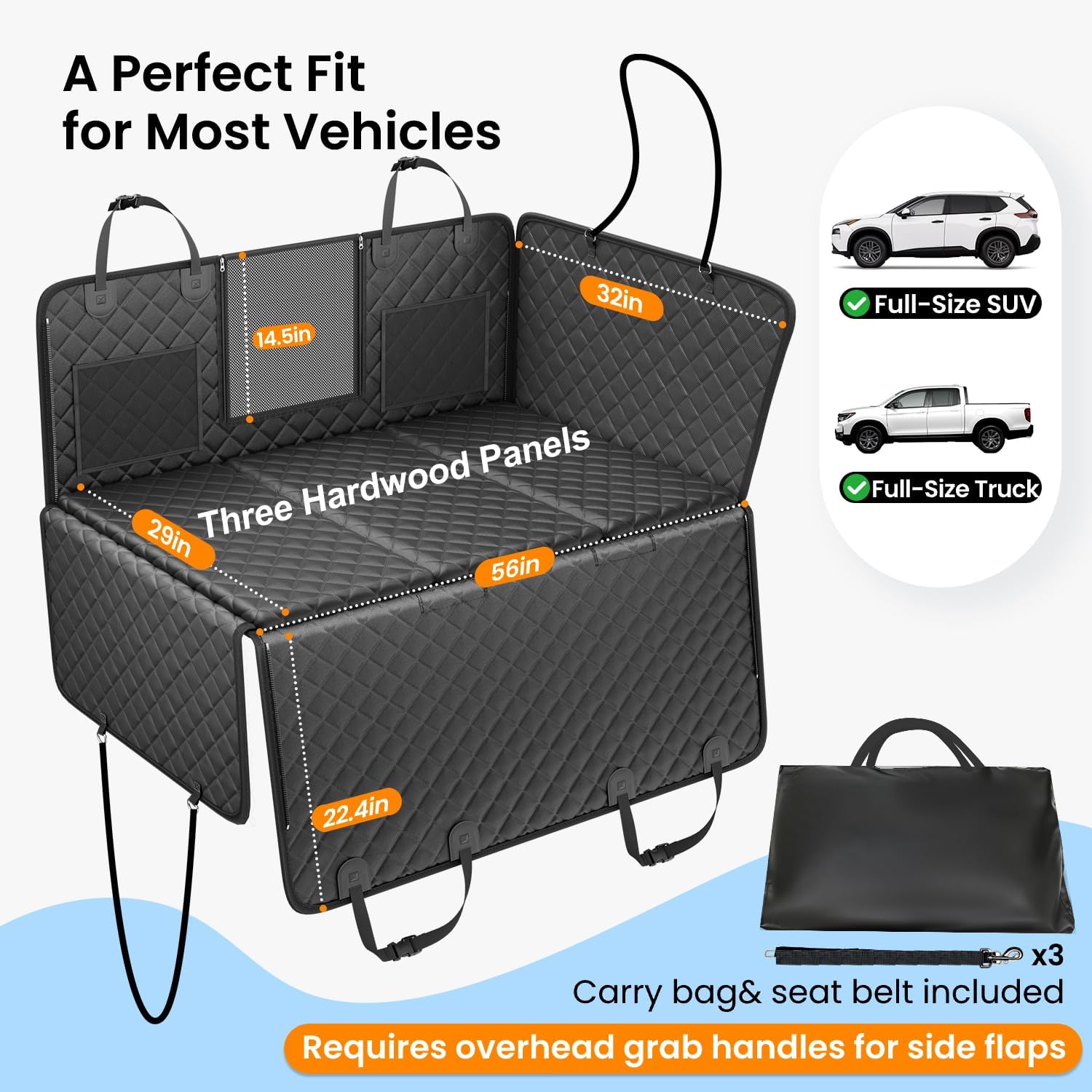 REEVAA 2.0 Hard Bottom Back Seat Extender for Heavy-Duty Dogs, Dog Car Seat Cover with Cushion Sponge, Waterproof Dog Hammock with Mesh Window for Car, Universal Fits for Crew Cab Truck/SUV, XL, Black