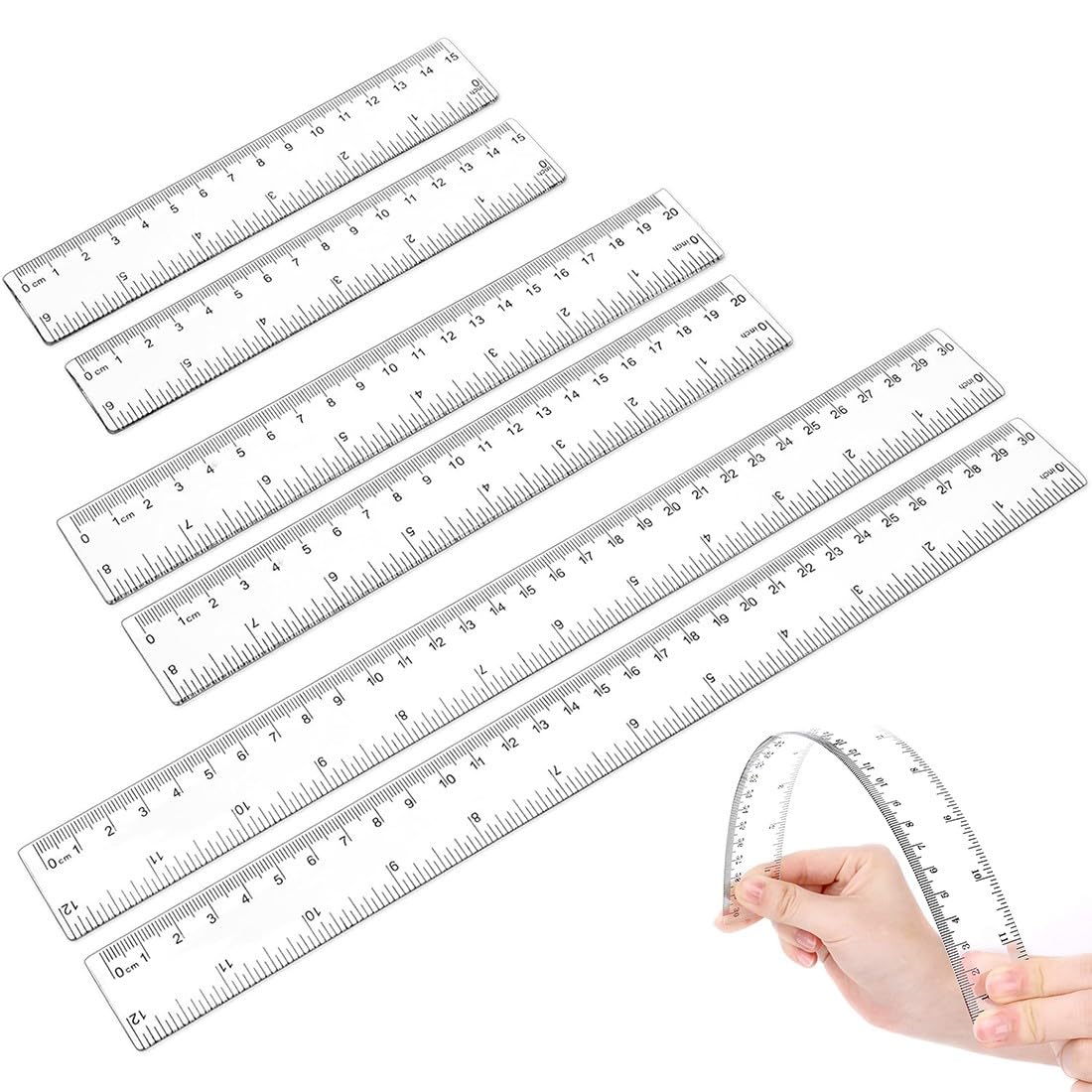 WXNPARegla de plástico de 6 piezas, 15cm 20cm 30cm Regla transparente con escala métrica en pulgadas Herramienta de medición de precisión para la escuela Oficina Hogar