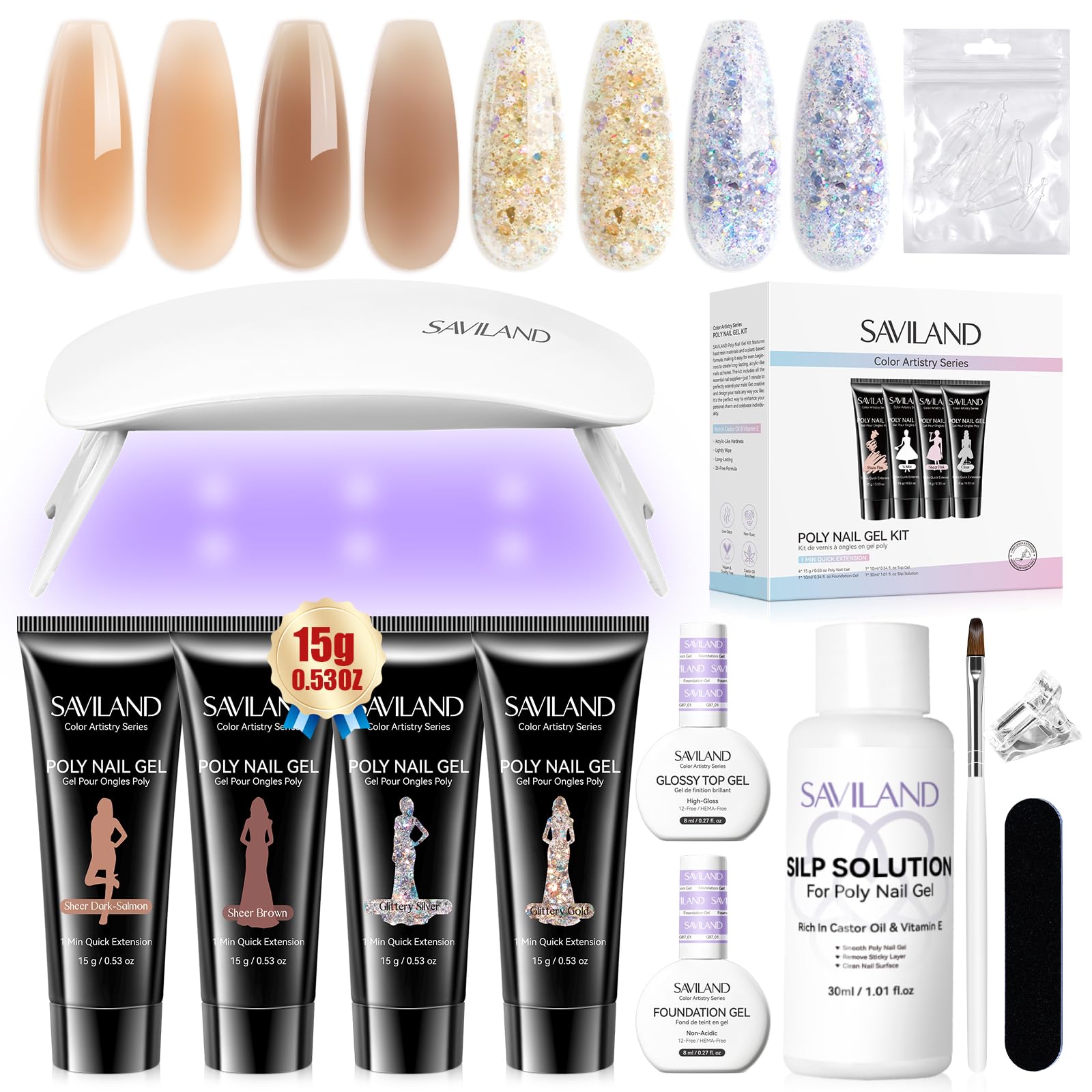 SAVILAND Poly Gel per Unghie Kit, 4 Colori Marrone, Glitter, Gel Ricostruzione Unghie con Base & Top Coat, Lampada UV e Strumenti per Unghie, Estensione Unghie Kit Nail Art per Fai Da Te a Casa 02