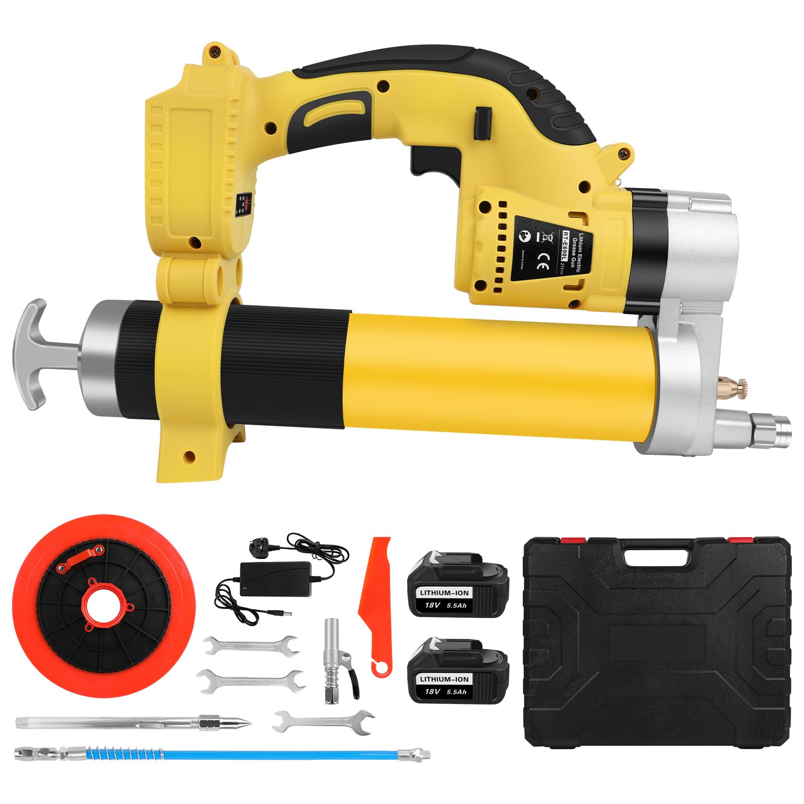 ASUNCELL ingrassatore a batteria da 18V, kit con 2 * 5500mAh batterie e caricabatterie, motore senza spazzole da 8000 PSI, 18 Volt, batteria agli ioni di litio per veicoli e macchina