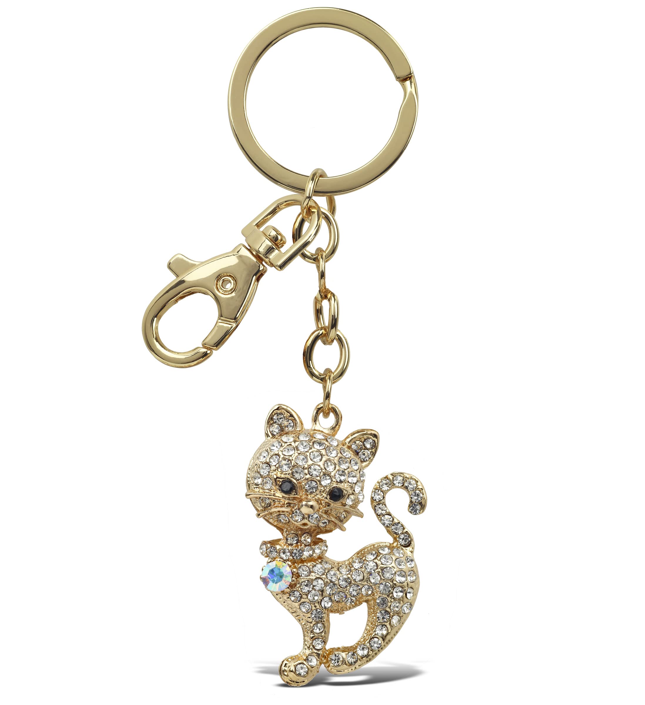 Stylish Cat Keychain - Gold 3D Sparkling Charm Rhinestones Fashionable Stylish Metal Alloy Durable Key Ring Bling Crystal Jewelry Accessory with Clasp