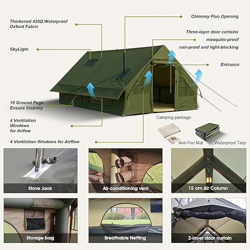 Miniatura 5 de Tiendas de campaña inflables para 8 a 10 personas, 129 pies cuadrados, tienda de campaña inflable grande con gato de estufa, tienda de campaña
