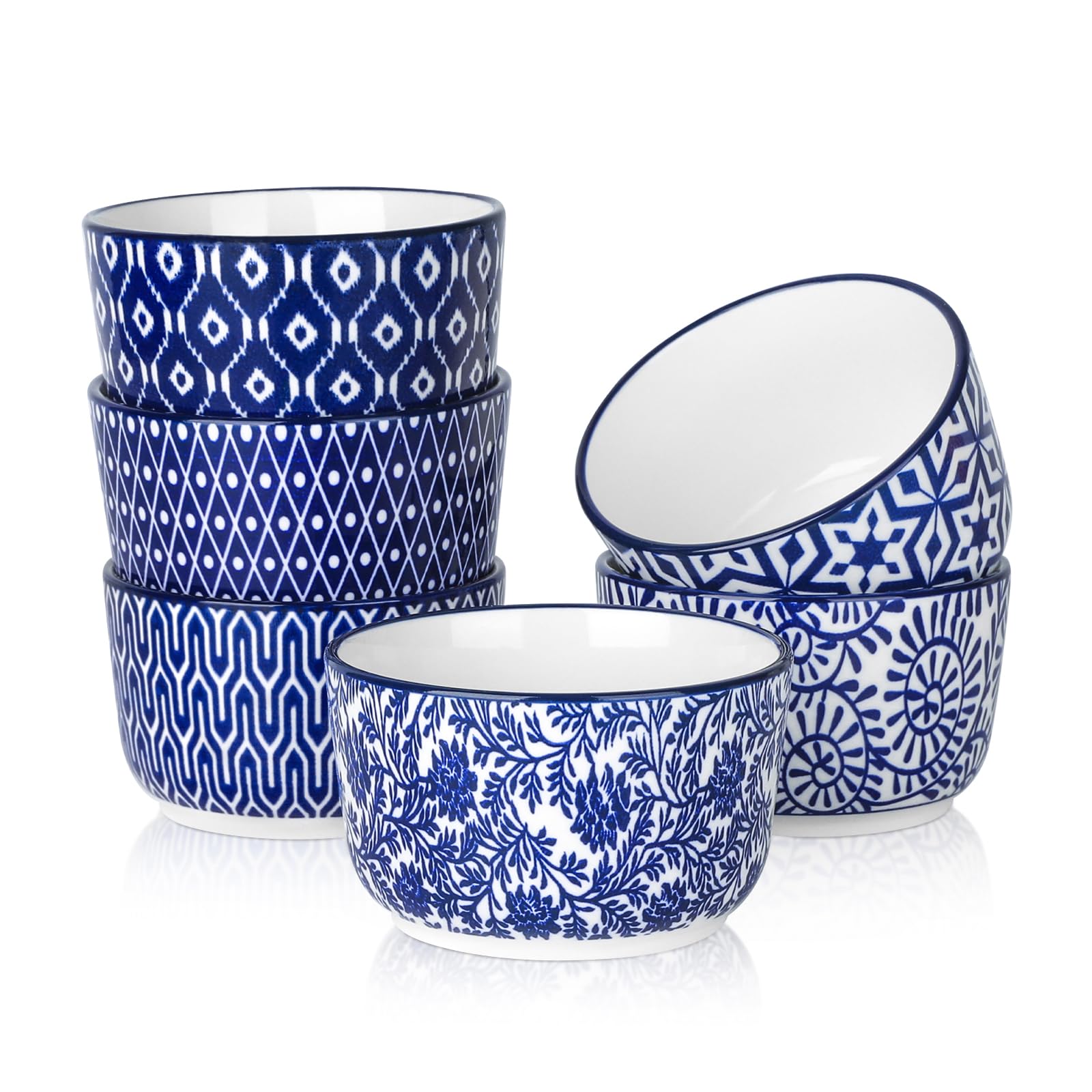 Ceramic 8 Oz Ramekins, Creme Brulee Ramekins, Oven Safe Baking Dishes/Cups for Souffle Custard Pudding, Small Bowls for Ice Cream Dip, Set of 6, Vintage Blue