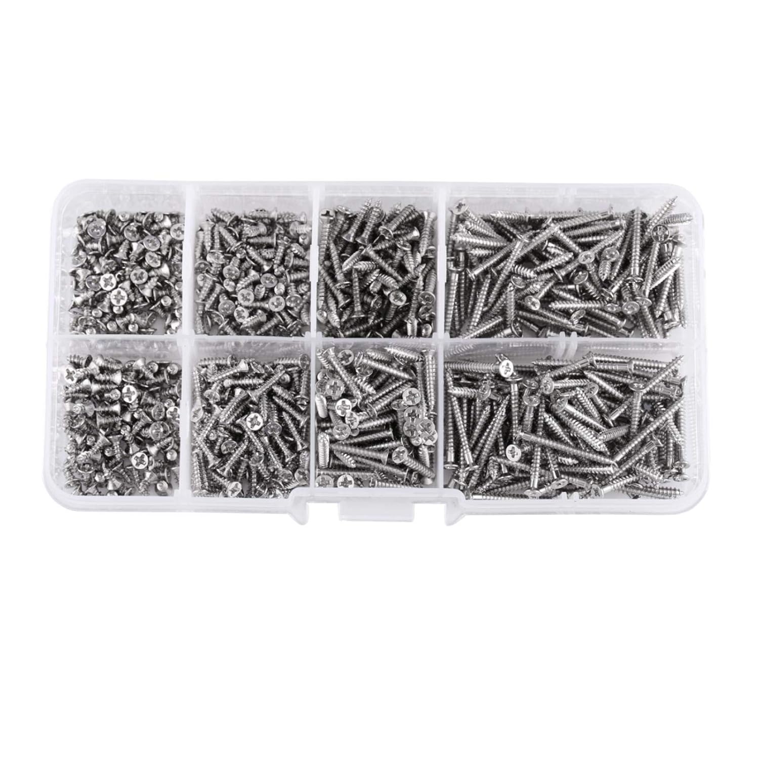 Tiny Screws, Assorted Screws, 800pcs M2 Cross Drive Flat Head Self‑Tapping Screws Woodworking Fastener with Box